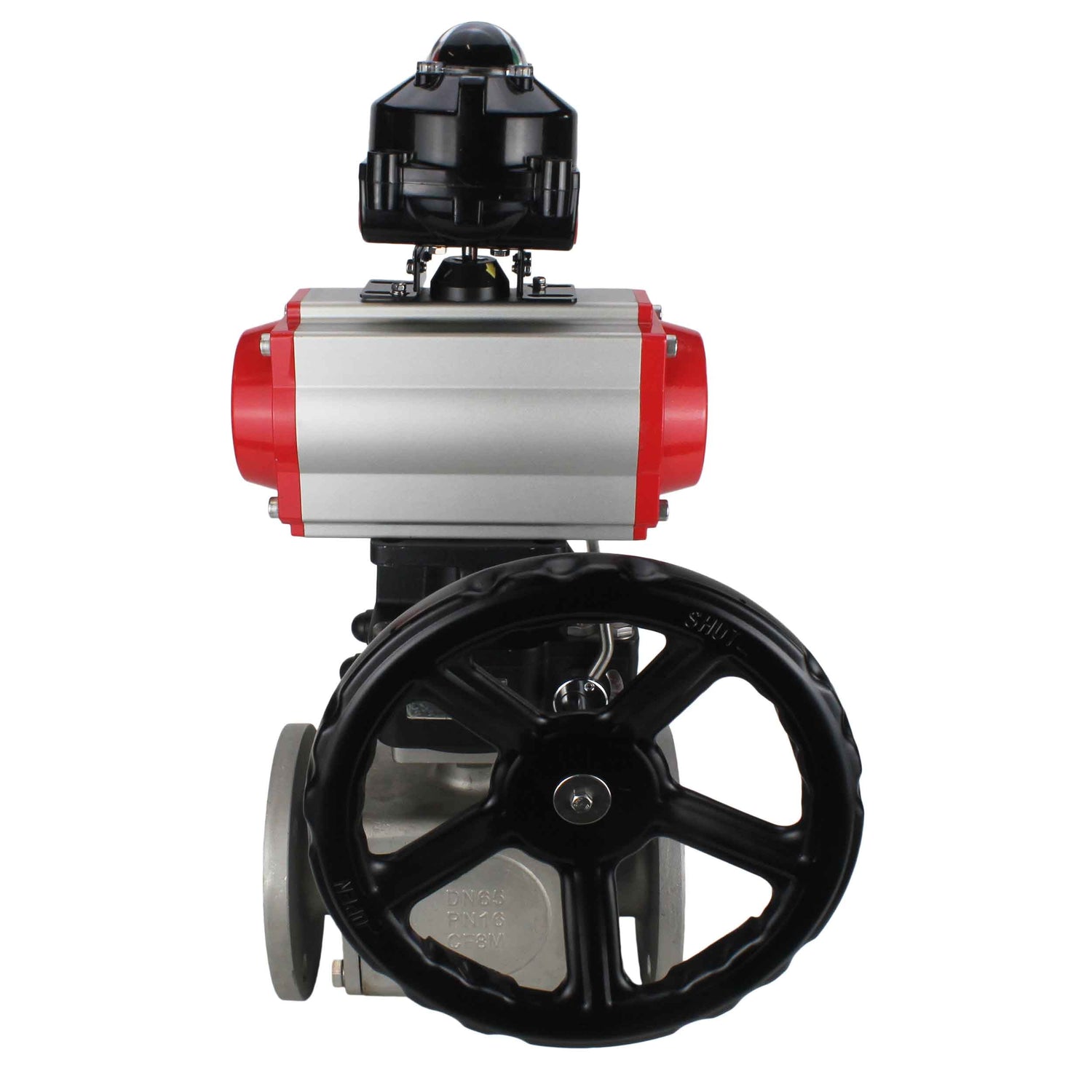 Ball valves Elephant BV3232P(4pc)-FP-3WL-F-ISO-H 16 bar full bore, flanged, body - stainless steel SS316, ISO flange F03/F04-F10/F12, square 9x9-19x19, with pneumatic drive PA-DA, LSU APL-510N EX and Doubler MON3-700-T38-ISO