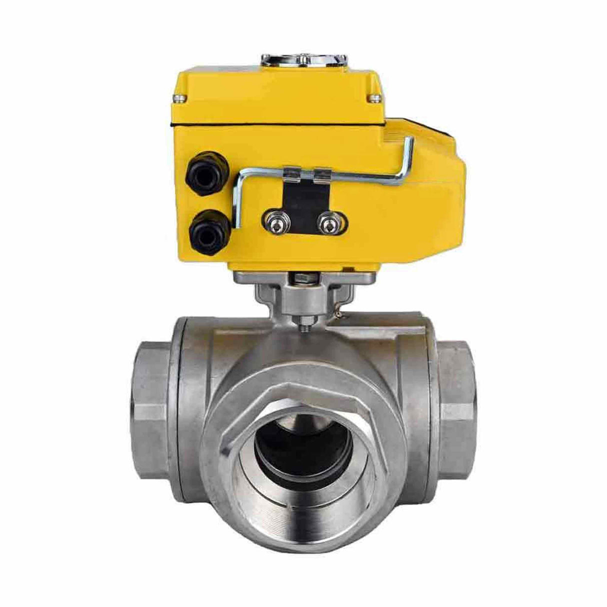 Stainless steel ball valve Elephant RP.SS316.200.MM.ISO 914 PSI threaded, standard port, three way, L-type, body material - stainless steel AISI 316, with quater-turn electric actuator Elephant QT-W (M) 220V