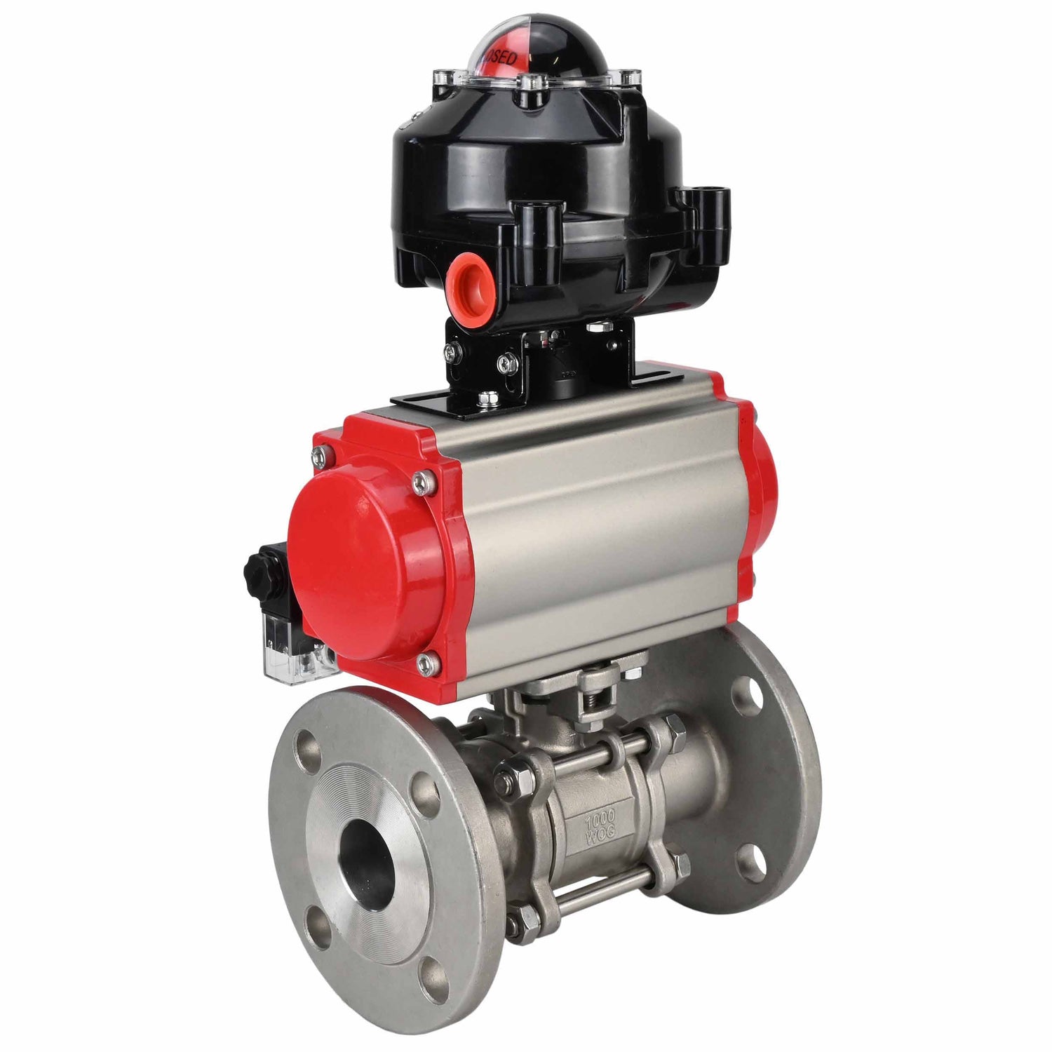 Ball valves Elephant BV3232P(3pc)-FP-F-ISO-H flanged, full bore, three-piece, body - stainless steel SS316, seal - PTFE, with pneumatic actuator Elephant PA-DA 052-130 pneumatic distributor 4M310- 08 NAMUR 24V LSU APL-510N-EX