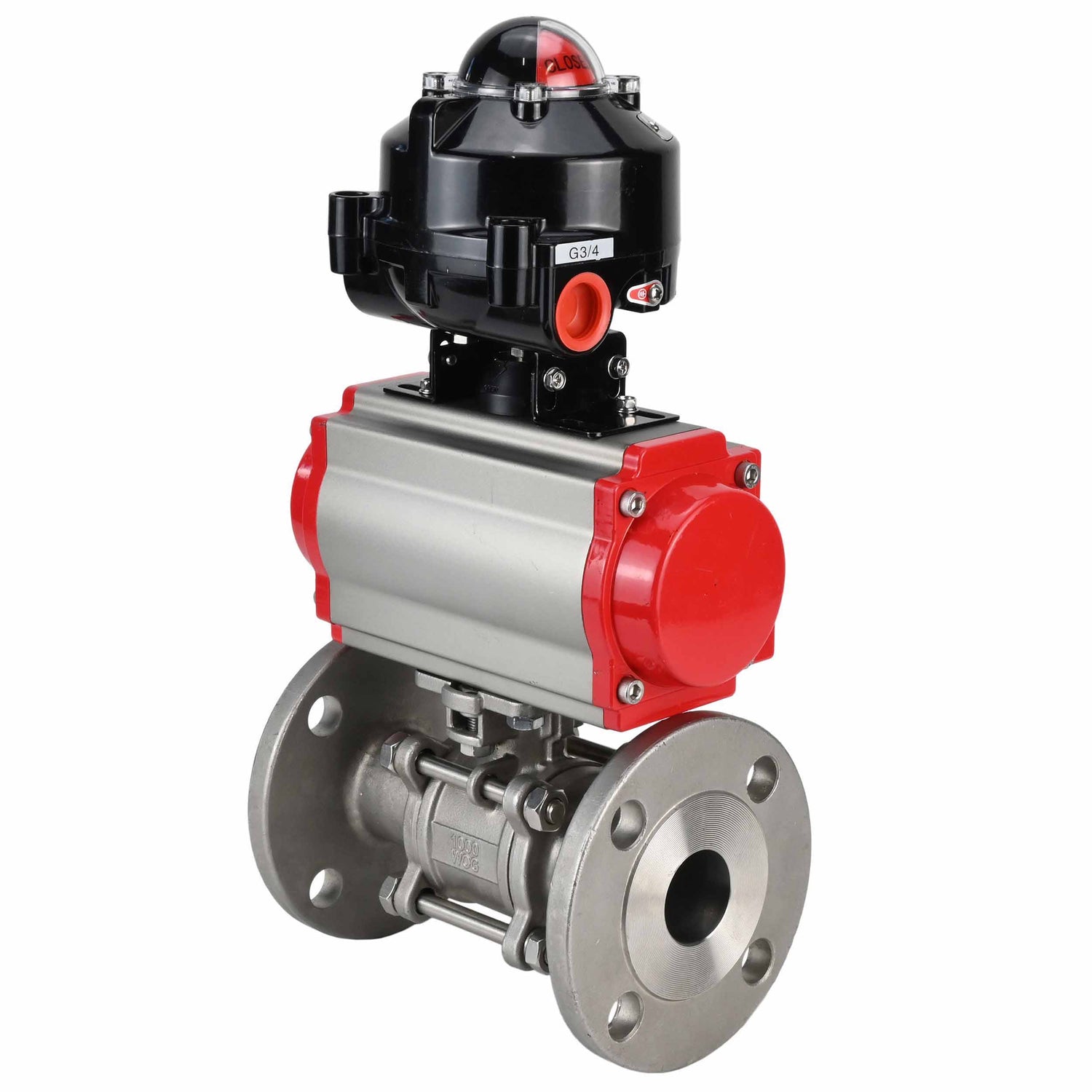 Ball valves Elephant BV3232P(3pc)-FP-F-ISO-H flanged, full bore, three-piece, body - stainless steel SS316, seal - PTFE, with pneumatic actuator Elephant PA-DA 052-130 pneumatic distributor 4M310- 08 NAMUR 24V LSU APL-510N-EX