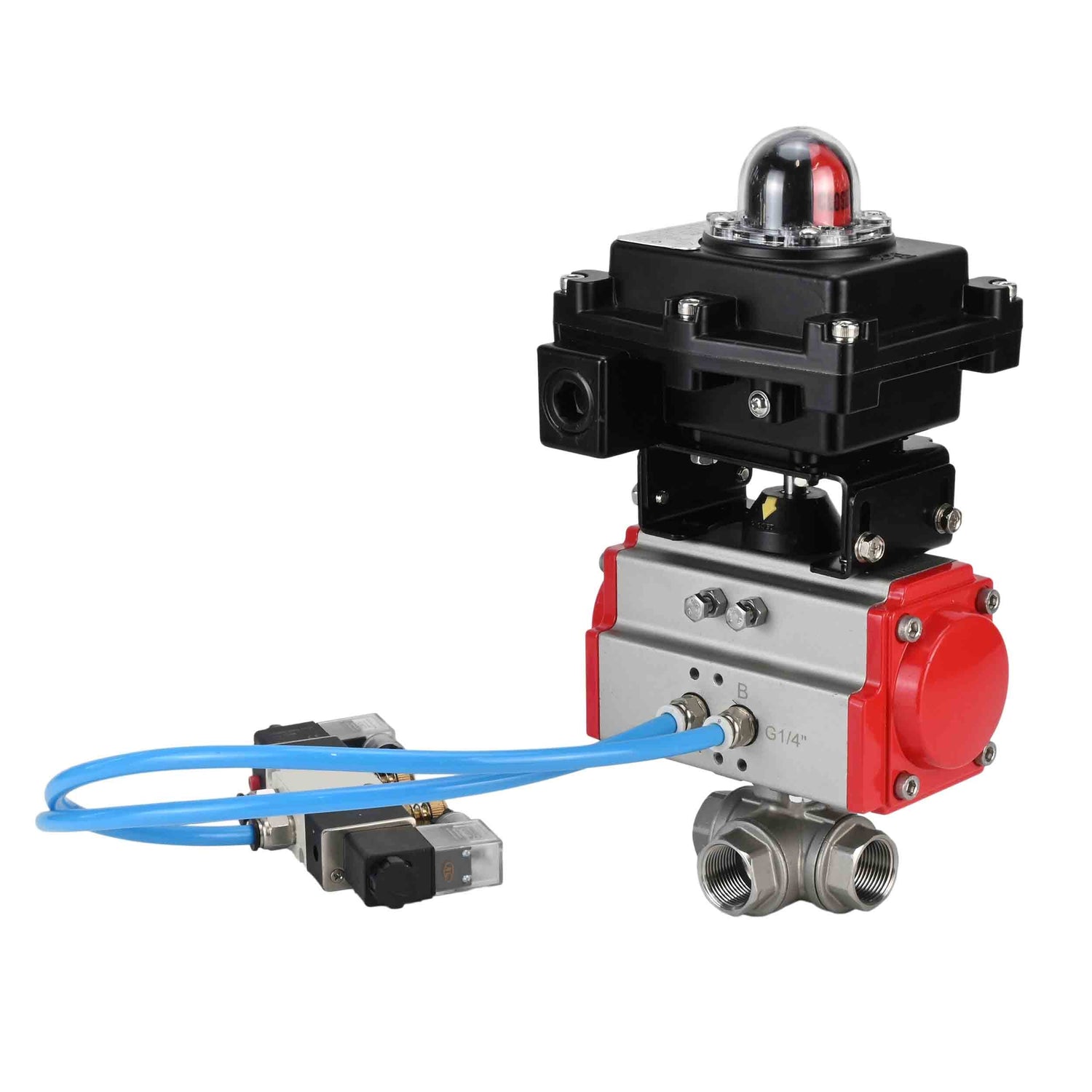 Ball valves Elephant BV3232P(4pc)-SP-3WL-T-ISO-H,  body material - Stainless steel AISI 316, seal - PTFE / PTFE / Teflon, with pneumatic actuator with return springs PA-SA, 4V320-08 220V, LSU APL-410N Ex