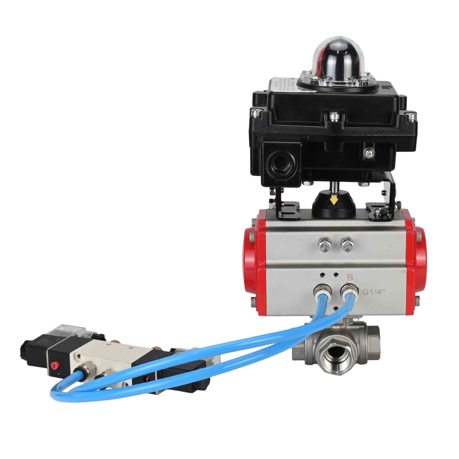 Ball valves Elephant BV3232P(4pc)-SP-3WL-T-ISO-H,  body material - Stainless steel AISI 316, seal - PTFE / PTFE / Teflon, with pneumatic actuator with return springs PA-SA, 4V320-10 220V, LSU APL-410N Ex