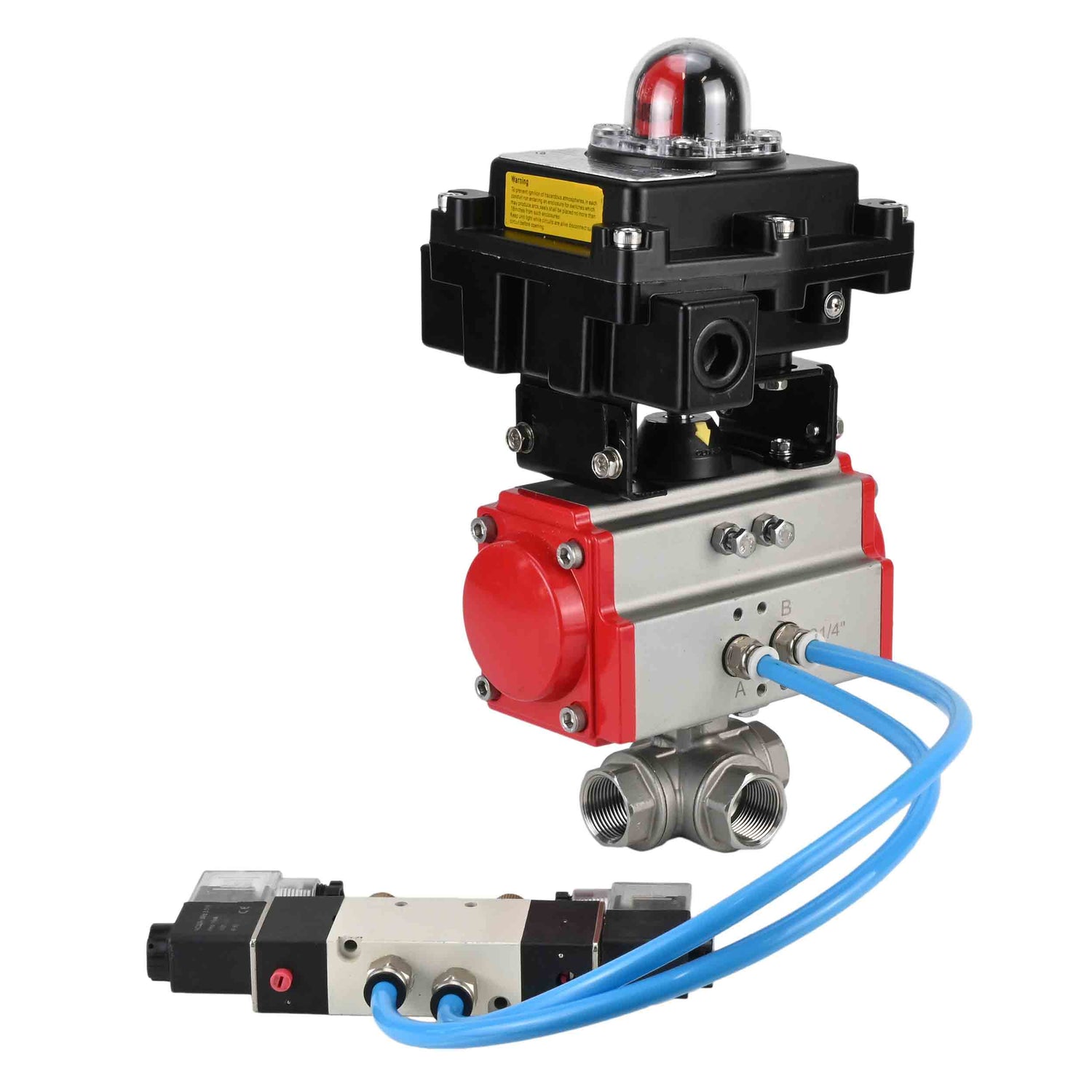 Ball valves Elephant BV3232P(4pc)-SP-3WL-T-ISO-H,  body material - Stainless steel AISI 316, seal - PTFE / PTFE / Teflon, with pneumatic actuator double action PA-DA, 4V320-08 220V, LSU APL-410N Ex