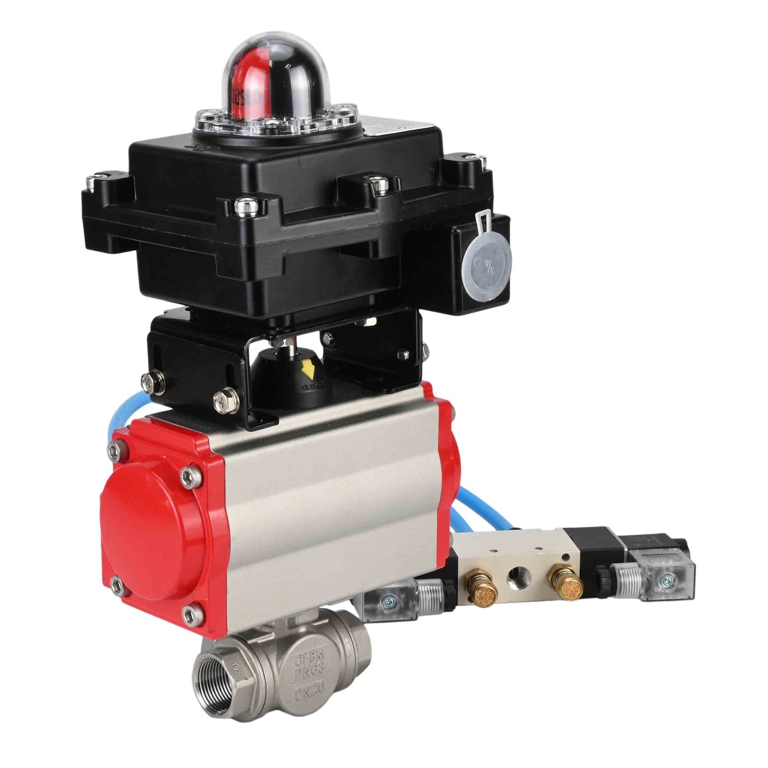 Ball valves Elephant BV3232P(4pc)-SP-3WL-T-ISO-H,  body material - Stainless steel AISI 316, seal - PTFE / PTFE / Teflon, with pneumatic actuator double action PA-DA, 4V320-08 220V, LSU APL-410N Ex