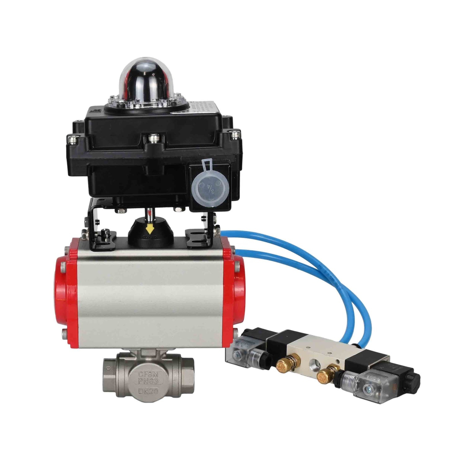 Ball valves Elephant BV3232P(4pc)-SP-3WL-T-ISO-H,  body material - Stainless steel AISI 316, seal - PTFE / PTFE / Teflon, with pneumatic actuator with return springs PA-SA, 4V320-10 220V, LSU APL-410N Ex