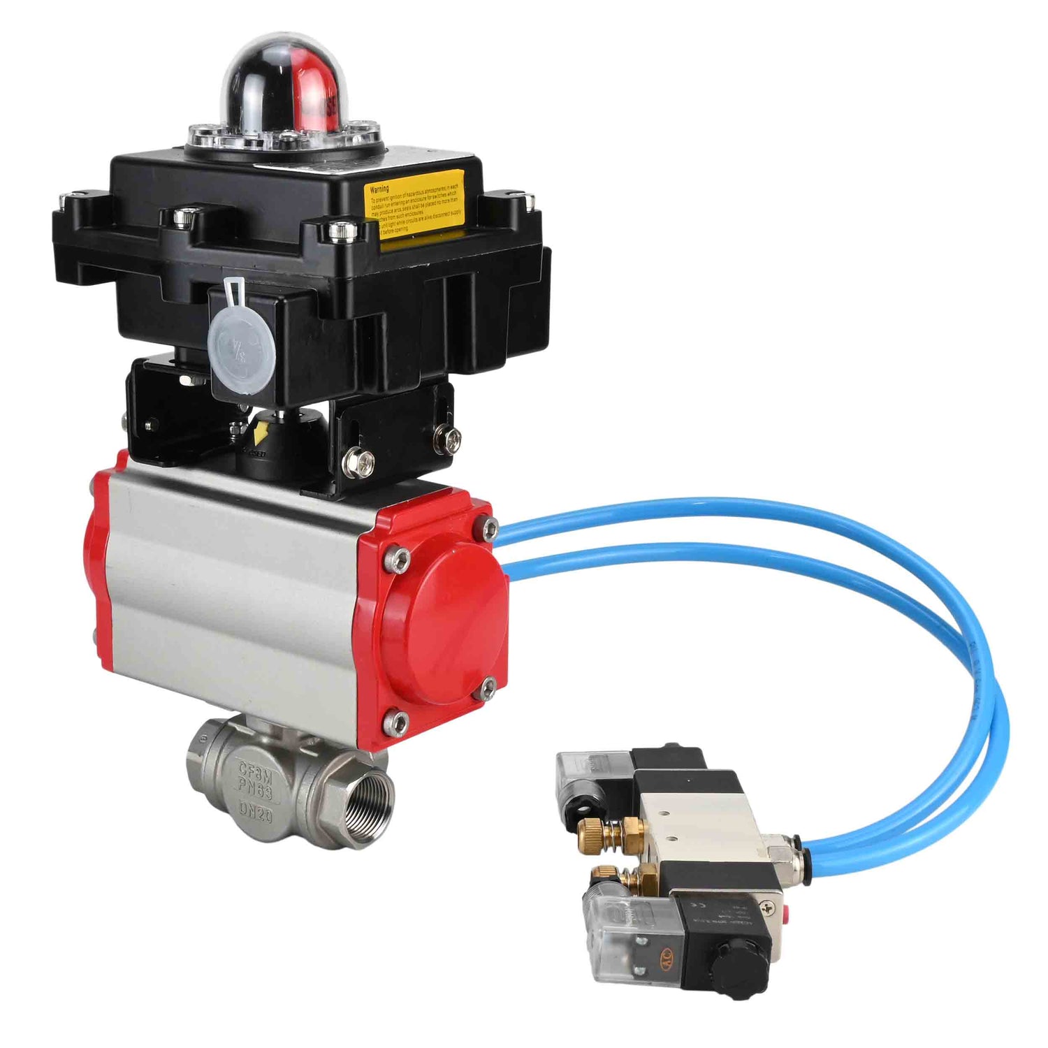 Ball valves Elephant BV3232P(4pc)-SP-3WL-T-ISO-H,  body material - Stainless steel AISI 316, seal - PTFE / PTFE / Teflon, with pneumatic actuator double action PA-DA, 4V320-10 220V, LSU APL-410N Ex