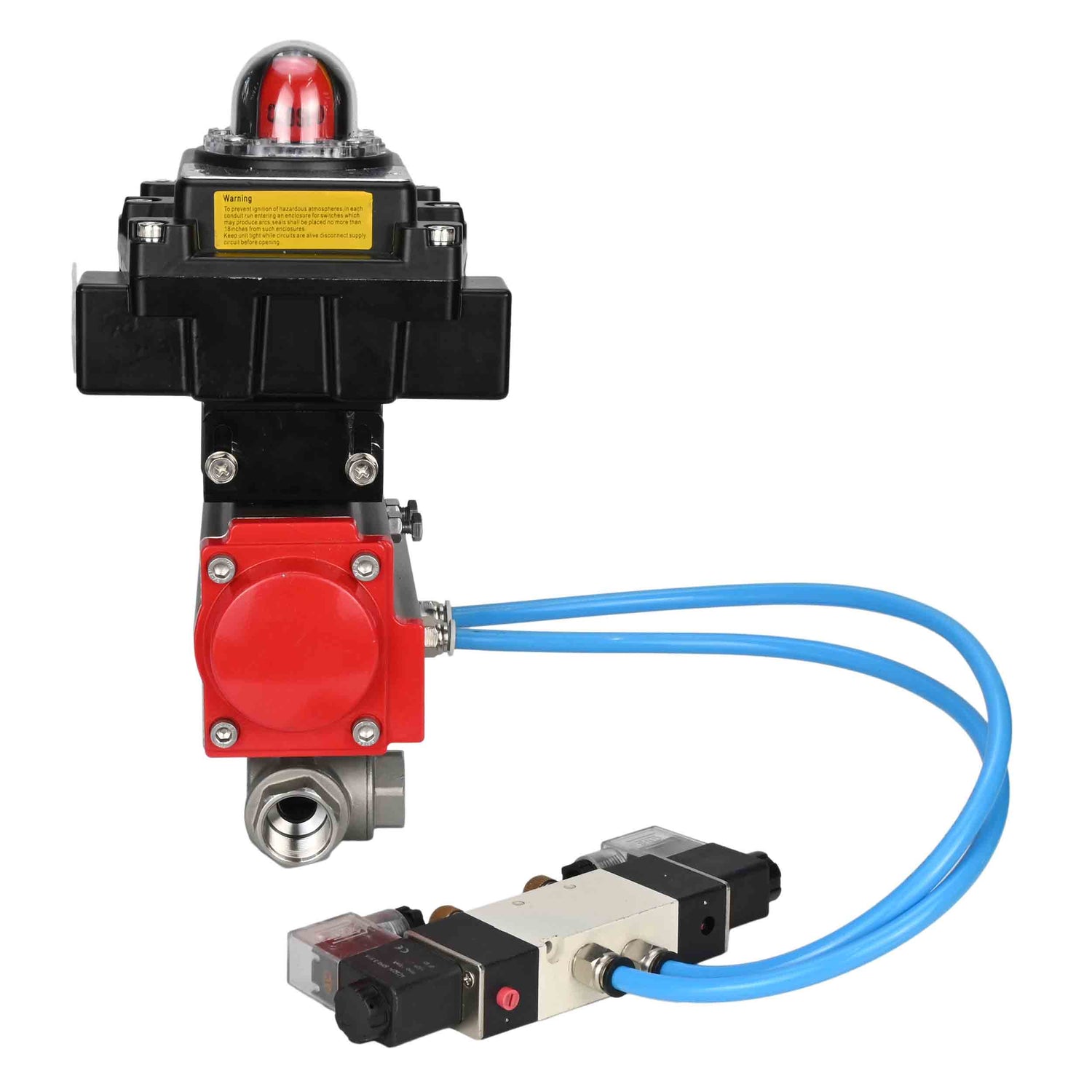 Ball valves Elephant BV3232P(4pc)-SP-3WL-T-ISO-H,  body material - Stainless steel AISI 316, seal - PTFE / PTFE / Teflon, with pneumatic actuator double action PA-DA, 4V320-10 220V, LSU APL-410N Ex
