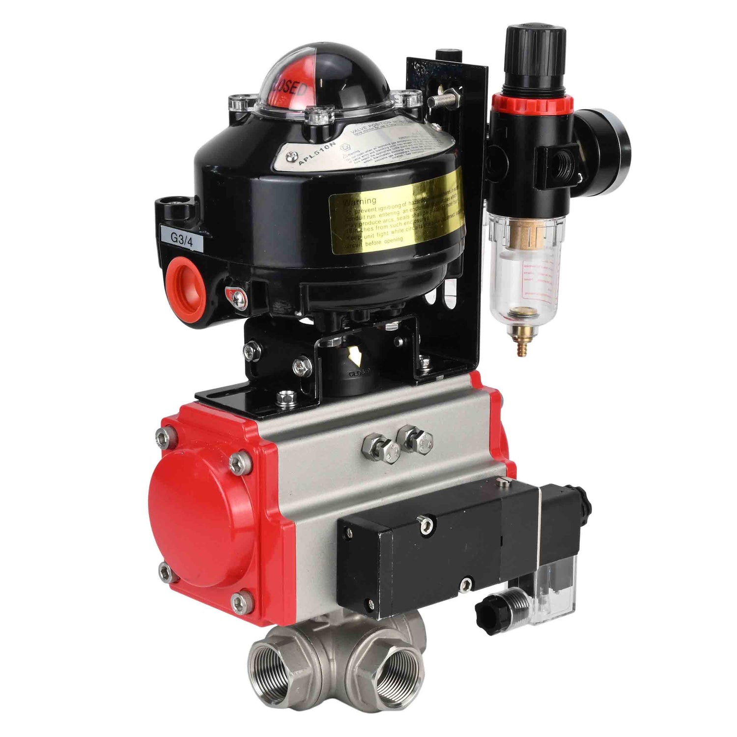 Ball valves Elephant BV3232P-SP-3L-T 3-way L-type, threaded, standard bore, stainless steel body. steel SS316, seal - PTFE, with pneumatic drive Elephant PA-SA 052-105 pneumatic distributor 4M310-08 NAMUR 220V ATU AFC2000 APL-510N-EX