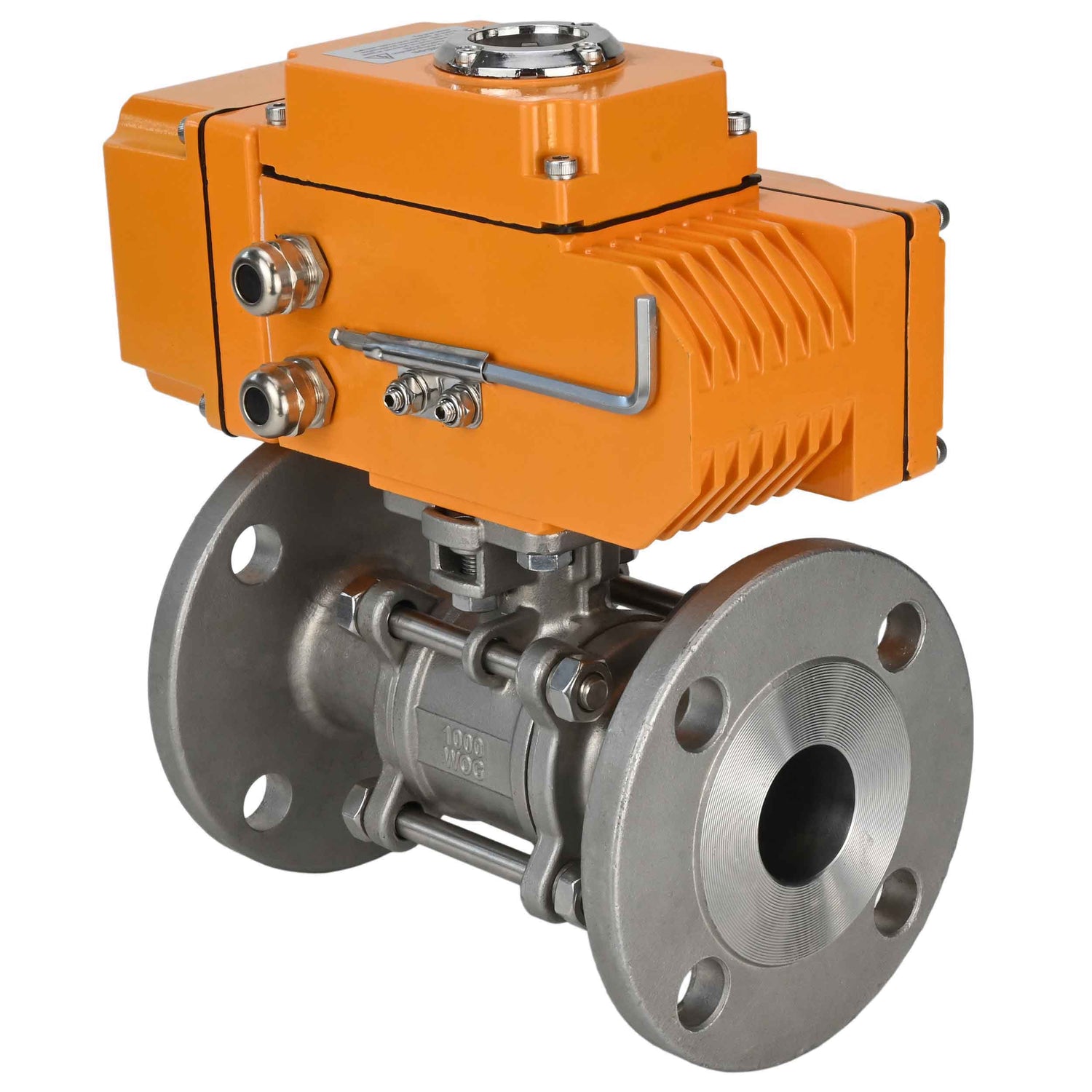 Ball valves Elephant BV3131P(3pc)-FP-F-ISO-H three-piece, full bore, flanged, body - stainless steel SS304, seal - PTFE, with 1/4-turn electric drive QT-N-EM-O1-220VAC-U1 220V HARK