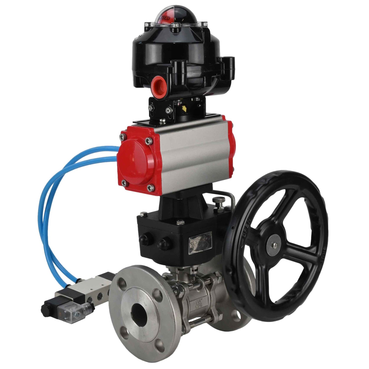 Ball valves Elephant BV3131P(3pc)-FP-F-ISO-H flanged, full bore, three-piece, stainless steel body. steel SS304, seal - PTFE, with pneumatic drive Elephant PA-DA 052-130 pneumatic distributor 4V320-10 gearbox MON LSU APL-510N-EX