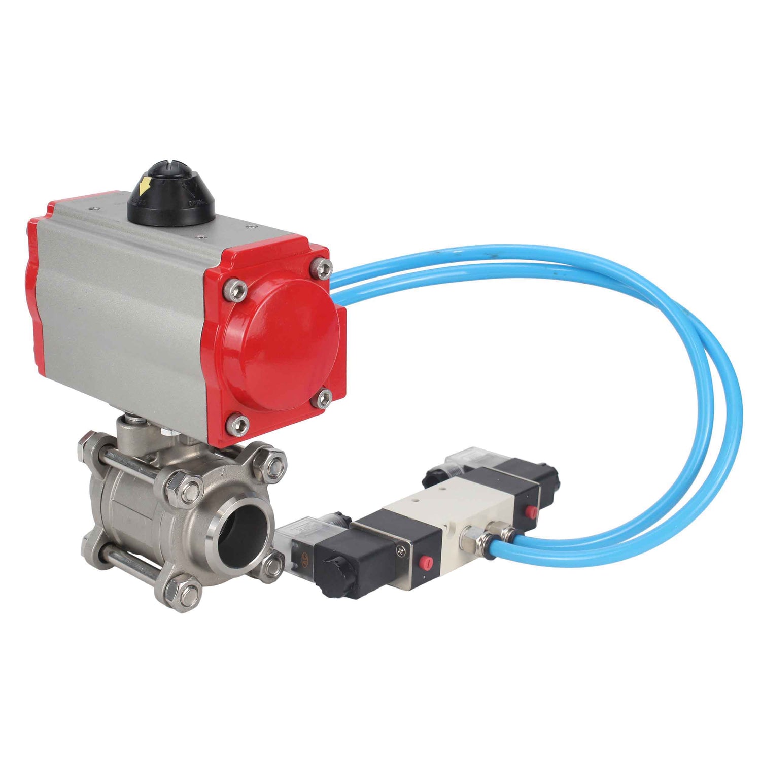 Ball valves Elephant BV3232P(3pc)-FP-W-ISO-H 16 bar/25, full bore for welding, stainless steel SS316, seal - PTFE, with double-acting PA-DA pneumatic actuator, with pneumatic distributor 4V320-08 220V