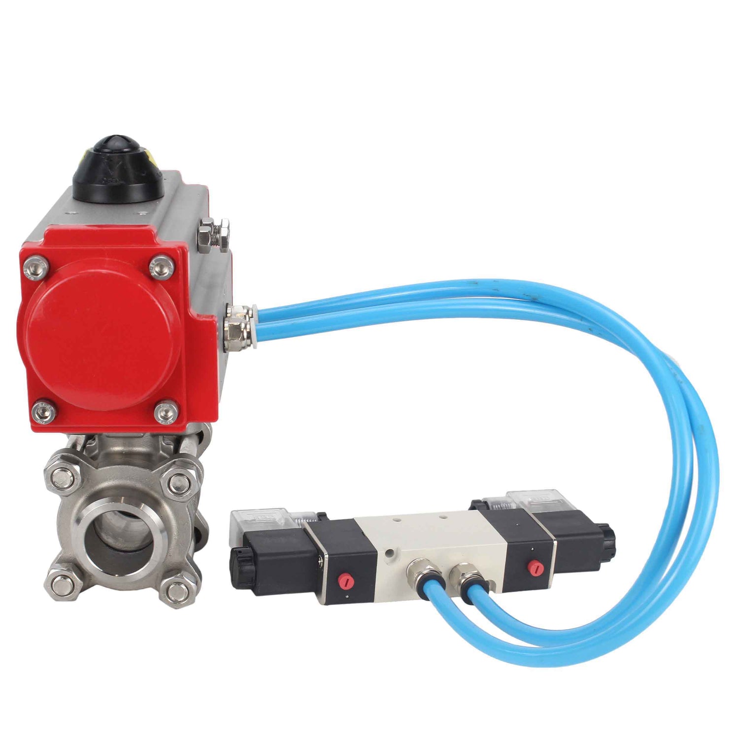 Ball valves Elephant BV3232P(3pc)-FP-W-ISO-H 16 bar/25, full bore for welding, stainless steel SS316, seal - PTFE, with double-acting PA-DA pneumatic actuator, with pneumatic distributor 4V320-08 220V