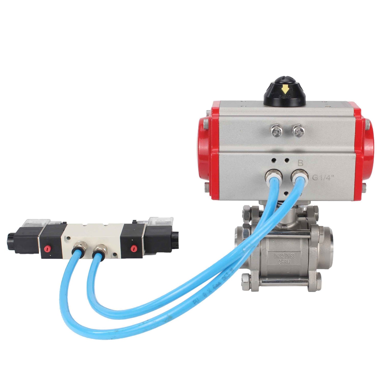 Ball valves Elephant BV3232P(3pc)-FP-W-ISO-H 16 bar/25, full bore for welding, stainless steel SS316, seal - PTFE, with double-acting PA-DA pneumatic actuator, with pneumatic distributor 4V320-10 220V