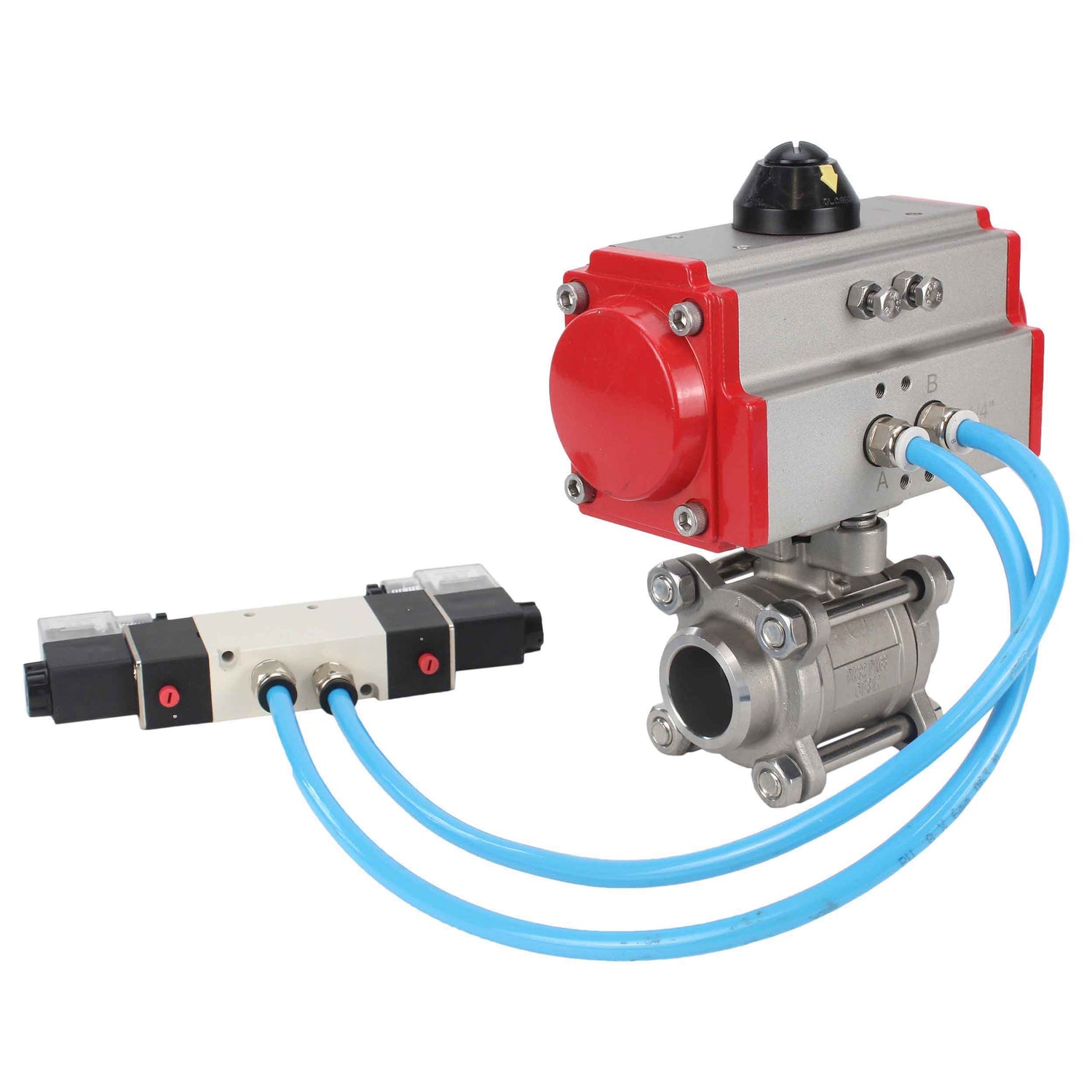 Ball valves Elephant BV3232P(3pc)-FP-W-ISO-H 16 bar/25, full bore for welding, stainless steel SS316, seal - PTFE, with double-acting PA-DA pneumatic actuator, with pneumatic distributor 4V320-10 220V