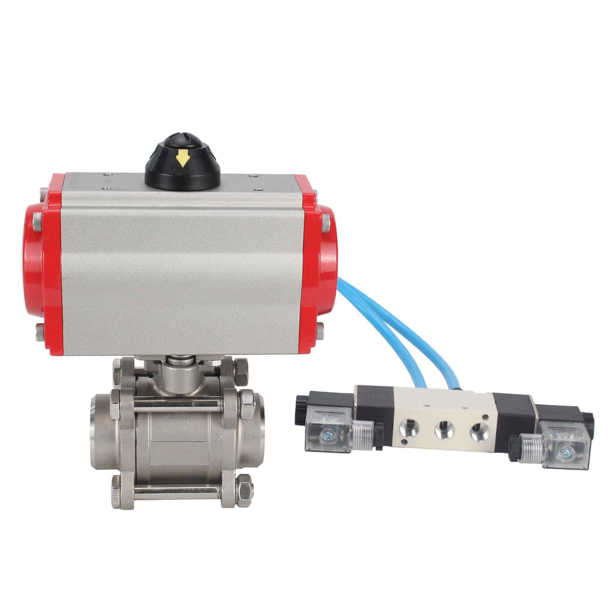 Ball valves Elephant BV3232P(3pc)-FP-W-ISO-H 16 bar/25, full bore for welding, stainless steel SS316, seal - PTFE, with double-acting PA-DA pneumatic actuator, with pneumatic distributor 4V320-10 220V