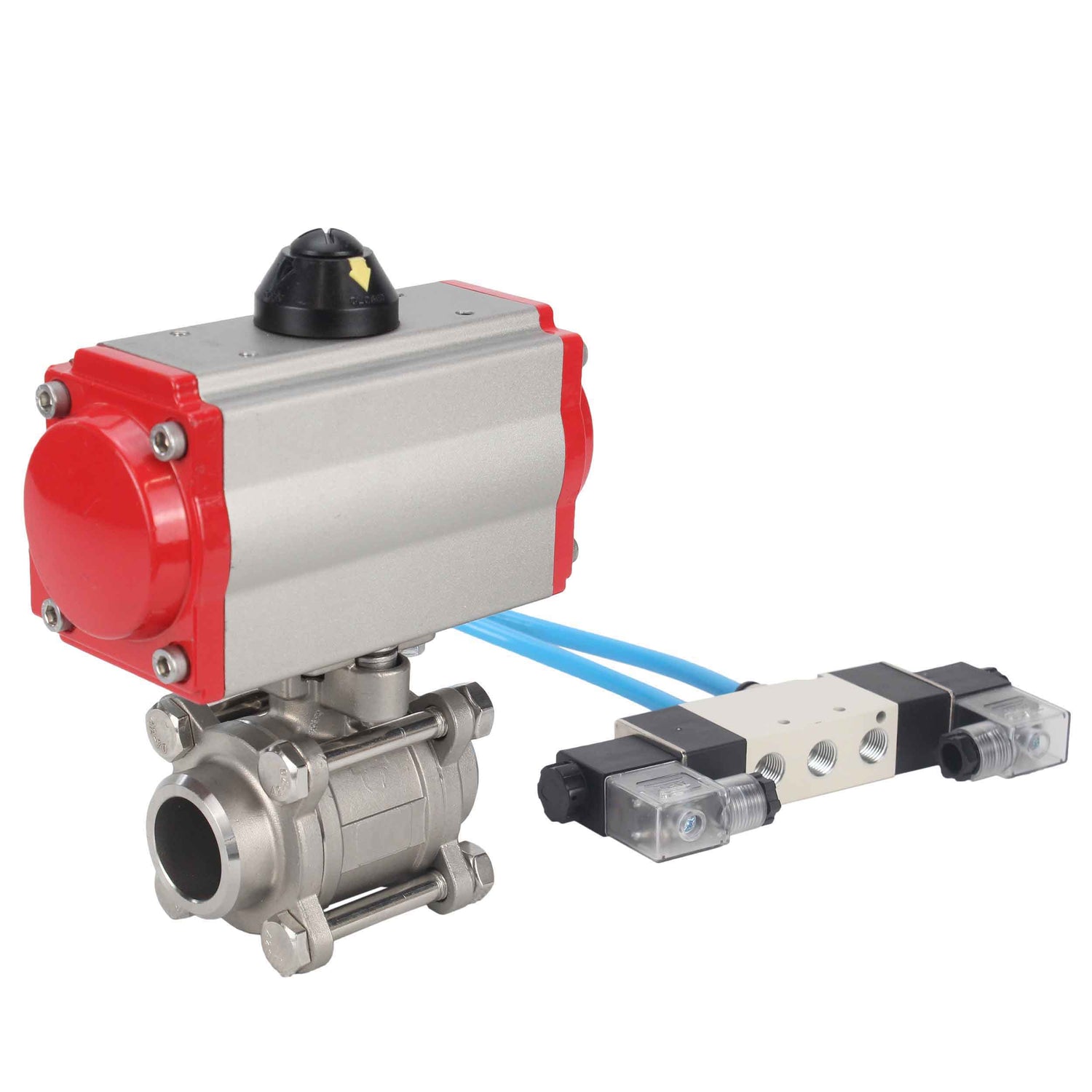 Ball valves Elephant BV3232P(3pc)-FP-W-ISO-H 16 bar/25, full bore for welding, stainless steel SS316, seal - PTFE, with double-acting PA-DA pneumatic actuator, with pneumatic distributor 4V320-08 220V