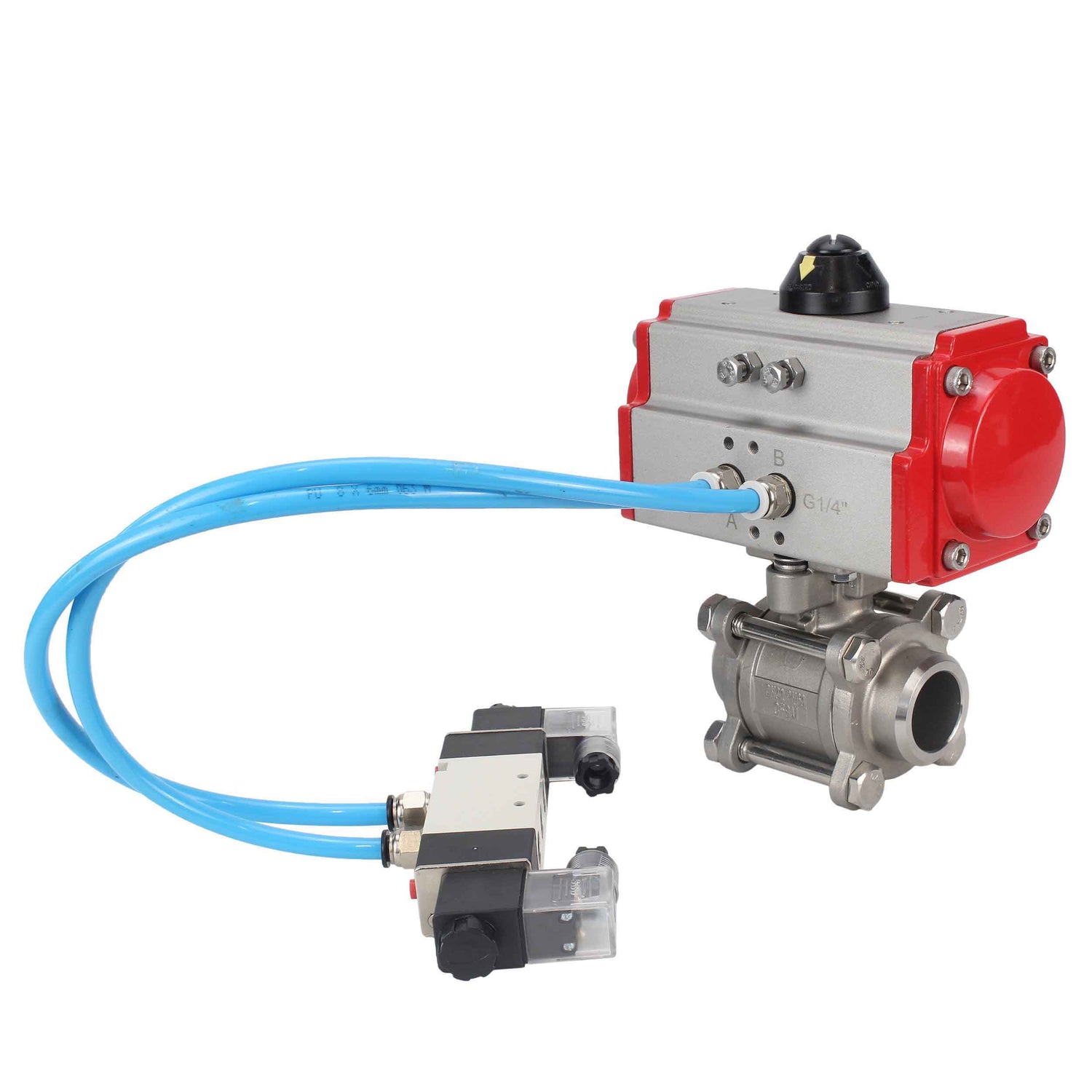Ball valves Elephant BV3232P(3pc)-FP-W-ISO-H 16 bar/25, full bore for welding, stainless steel SS316, seal - PTFE, with double-acting PA-DA pneumatic actuator, with pneumatic distributor 4V320-08 220V