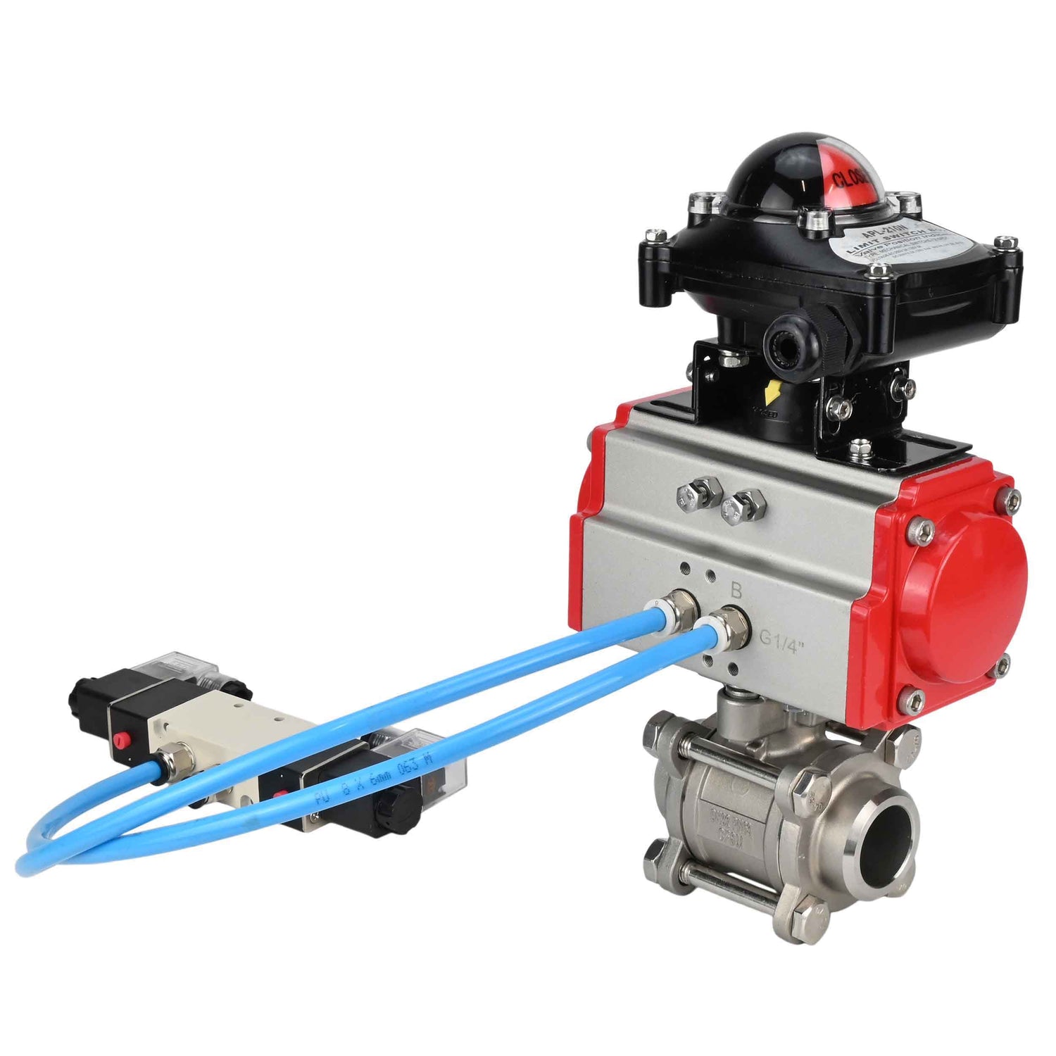 Ball valves Elephant BV3232P(3pc)-FP-W-ISO-H 16 bar/25, full bore for welding, stainless steel SS316, seal - PTFE, with double-acting PA-DA pneumatic actuator, with pneumatic distributor 4V320-08 220V, with LSU APL-210N