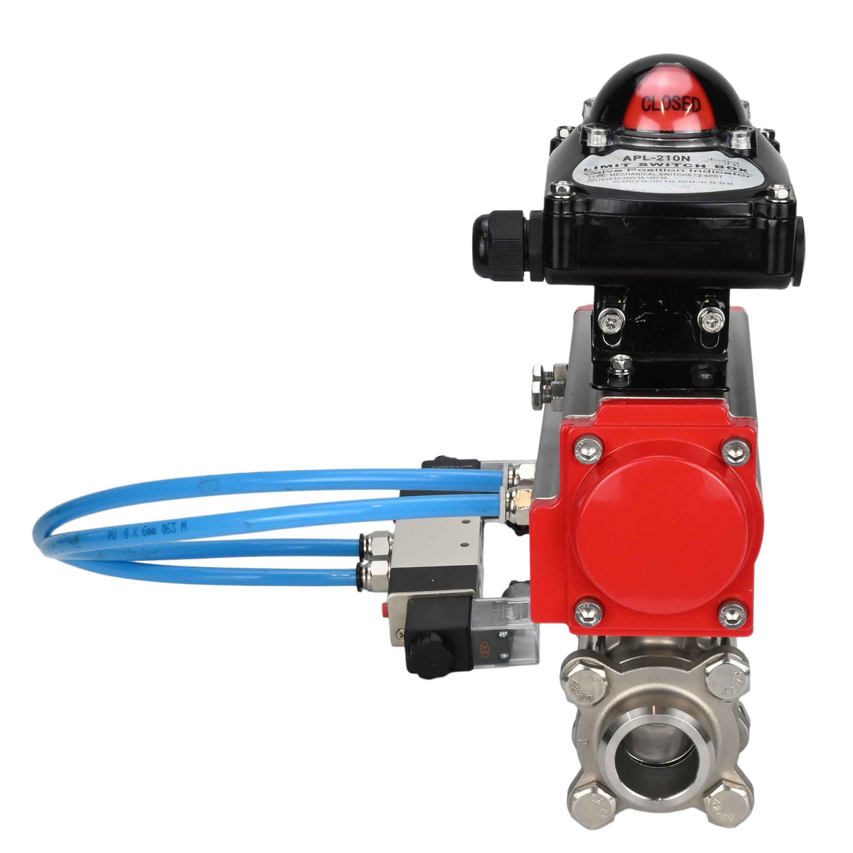Ball valves Elephant BV3232P(3pc)-FP-W-ISO-H 16 bar/25, full bore for welding, stainless steel SS316, seal - PTFE, with double-acting PA-DA pneumatic actuator, with pneumatic distributor 4V320-08 220V, with LSU APL-210N