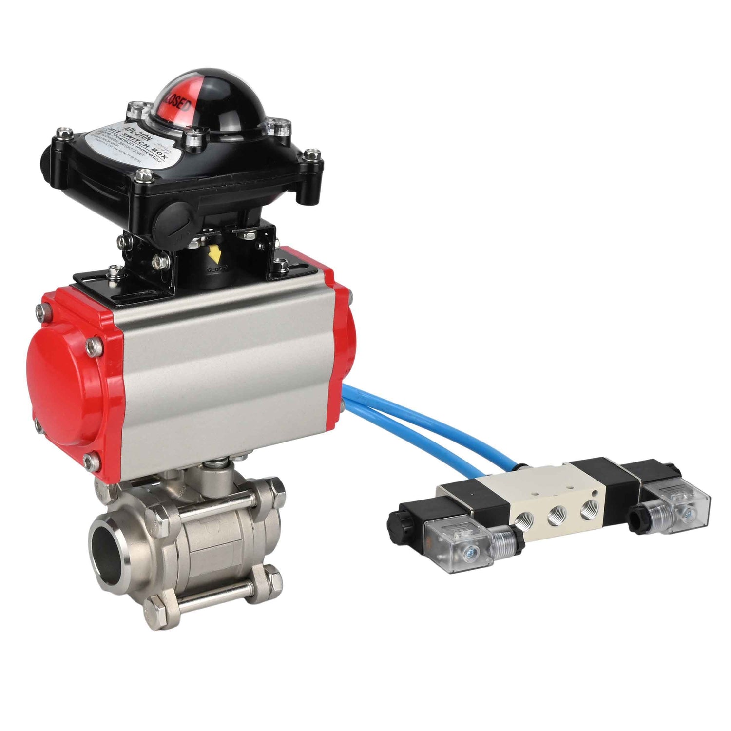 Ball valves Elephant BV3232P(3pc)-FP-W-ISO-H 16 bar/25, full bore for welding, stainless steel SS316, seal - PTFE, with double-acting PA-DA pneumatic actuator, with pneumatic distributor 4V320-08 220V, with LSU APL-210N
