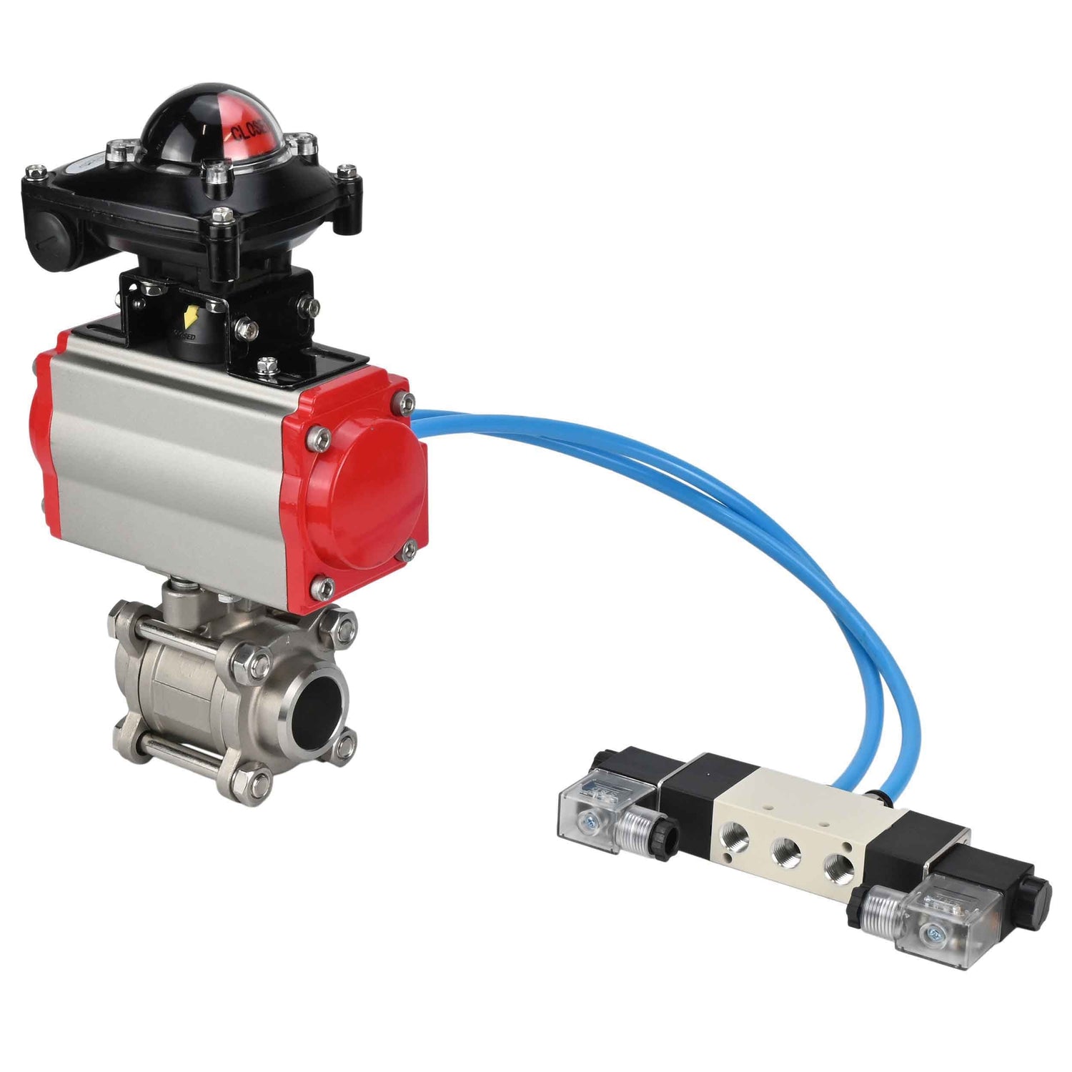 Ball valves Elephant BV3232P(3pc)-FP-W-ISO-H 16 bar/25, full bore for welding, stainless steel SS316, seal - PTFE, with double-acting PA-DA pneumatic actuator, with pneumatic distributor 4V320-10 220V, with LSU APL-210N