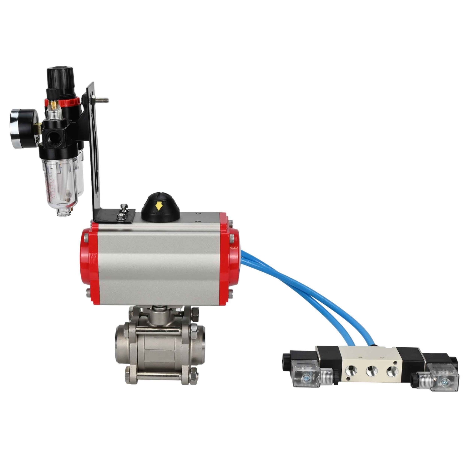 Ball valves Elephant BV3232P(3pc)-FP-W-ISO-H 16 bar/25, full bore for welding, stainless steel SS316, seal - PTFE, with double-acting PA-DA pneumatic actuator, with pneumatic distributor 4V320-08 220V, with ATU AFC2000