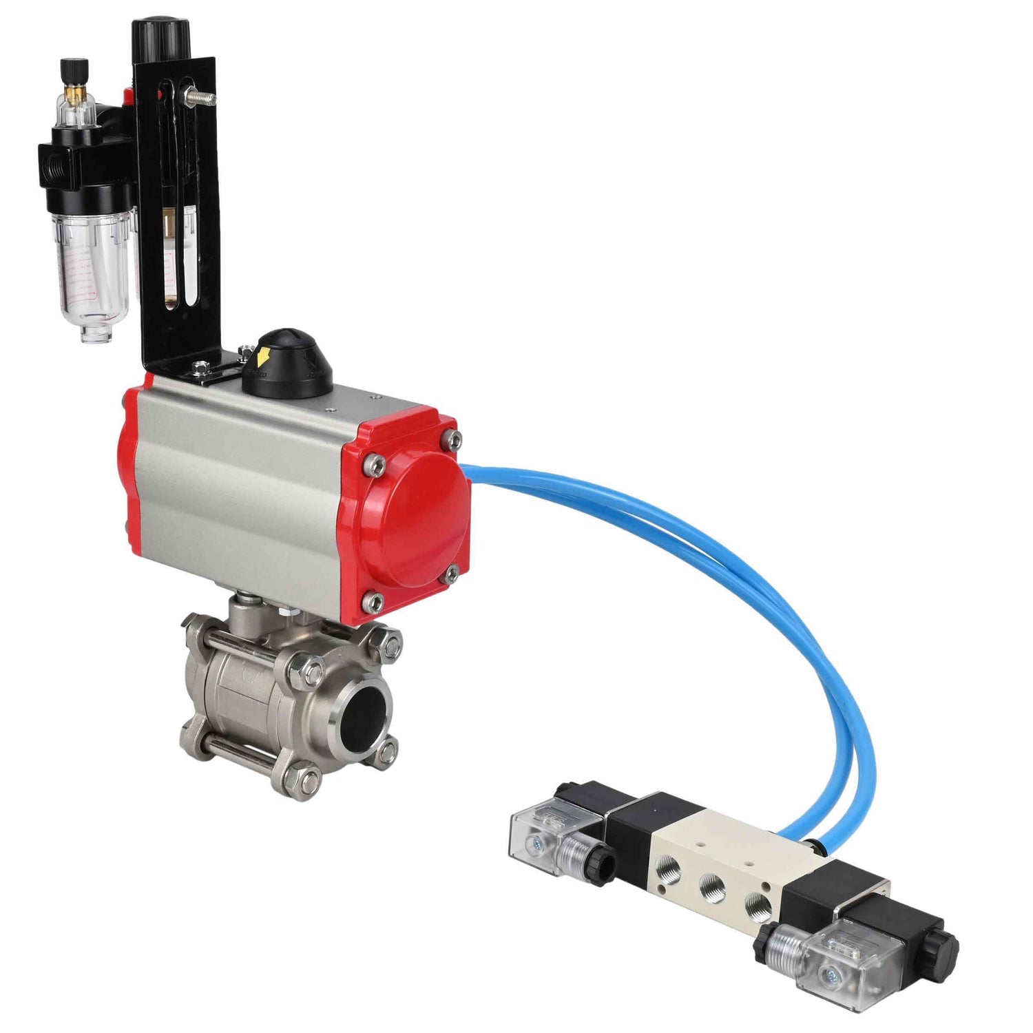 Ball valves Elephant BV3232P(3pc)-FP-W-ISO-H 16 bar/25, full bore for welding, stainless steel SS316, seal - PTFE, with double-acting PA-DA pneumatic actuator, with pneumatic distributor 4V320-08 220V, with ATU AFC2000