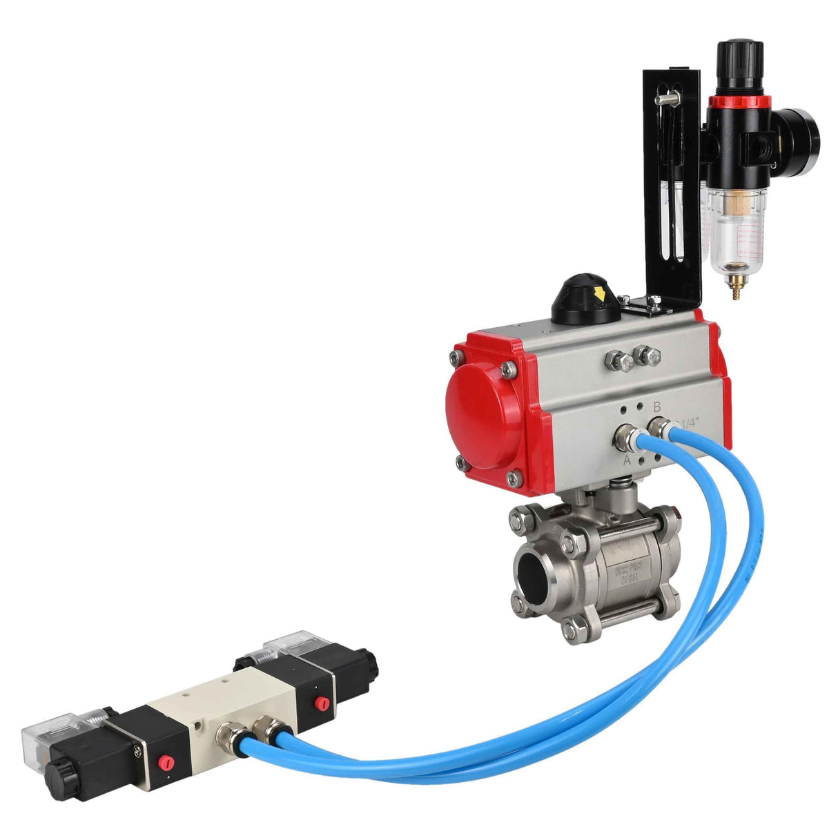 Ball valves Elephant BV3232P(3pc)-FP-W-ISO-H 16 bar/25, full bore for welding, stainless steel SS316, seal - PTFE, with double-acting PA-DA pneumatic actuator, with pneumatic distributor 4V320-08 220V, with ATU AFC2000