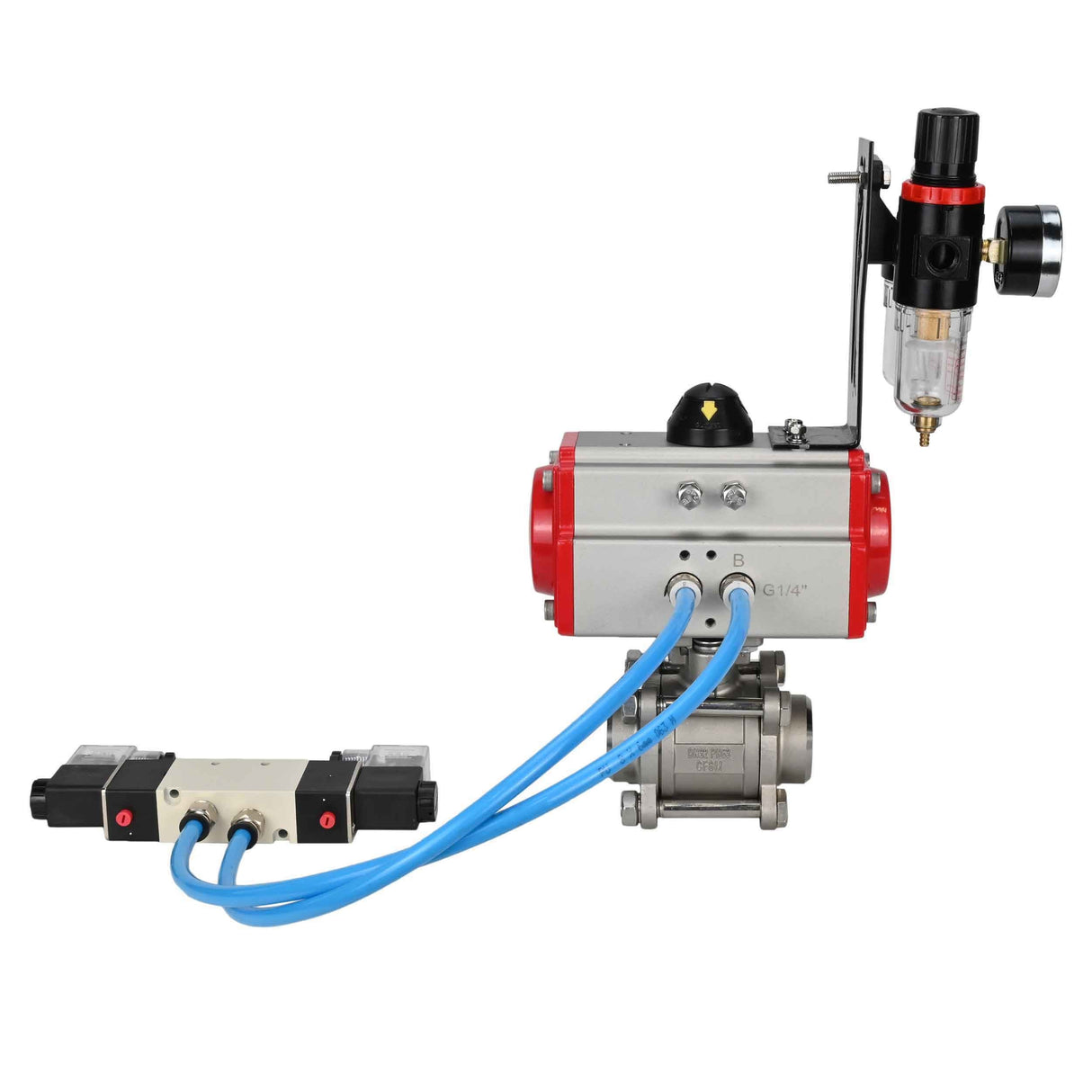 Ball valves Elephant BV3232P(3pc)-FP-W-ISO-H 16 bar/25, full bore for welding, stainless steel SS316, seal - PTFE, with double-acting PA-DA pneumatic actuator, with pneumatic distributor 4V320-08 220V, with ATU AFC2000