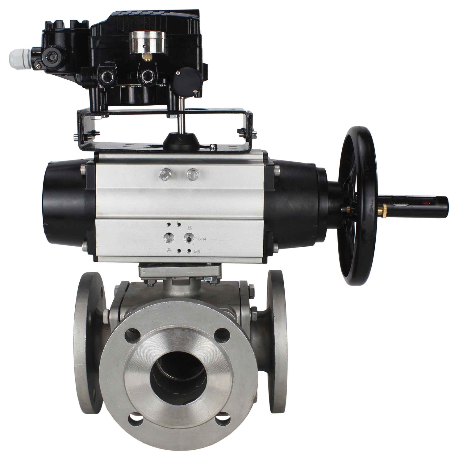 Ball valves Elephant BV3232P(4pc)-FP-3WL-F-ISO-H DN100 16 bar full bore, flanged, body - stainless steel SS316, ISO flange F10/F12, square 19x19, with double pneumatic actuator PA-DA-105-1 action and pneumatic positioner YT-1000RSN with feedback
