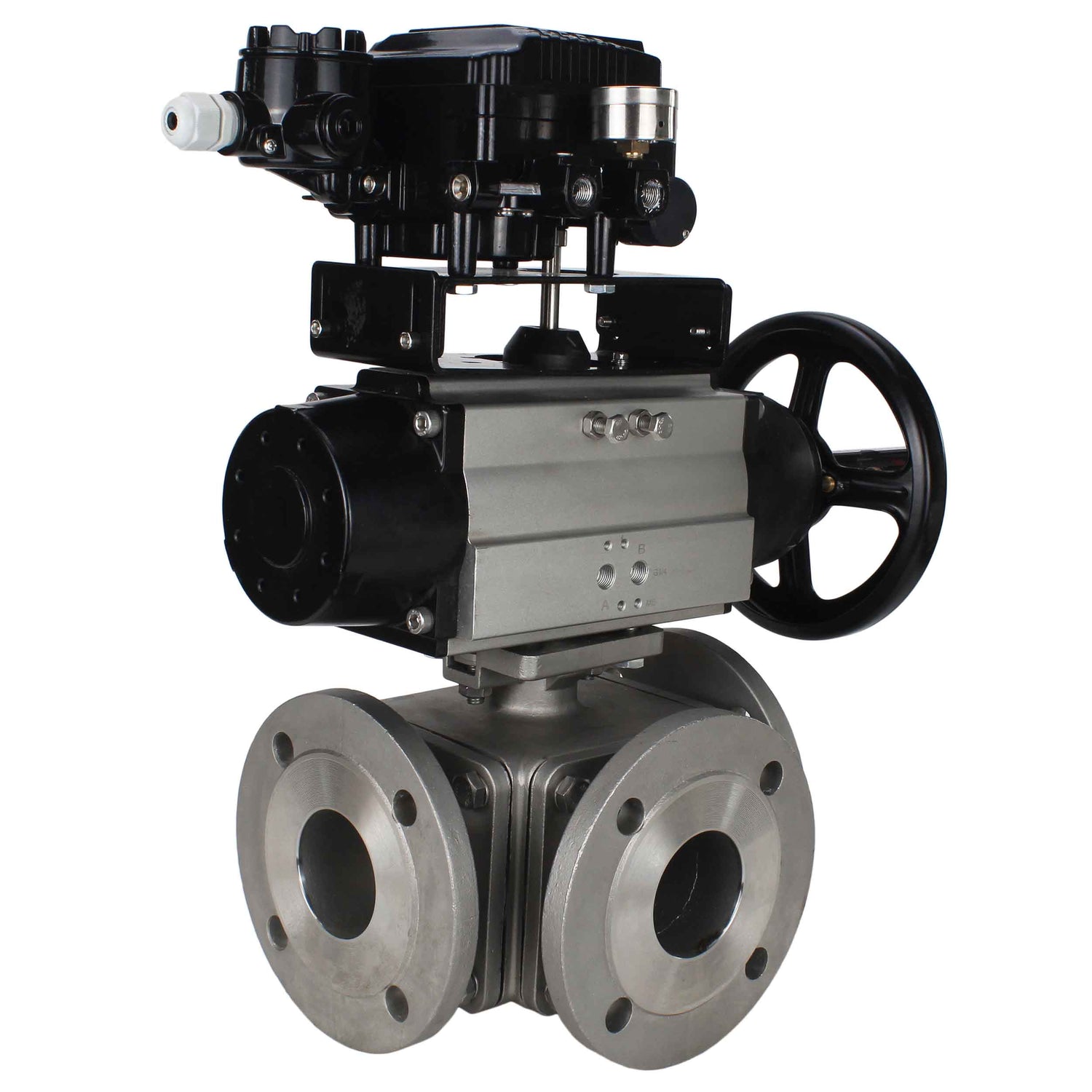 Ball valves Elephant BV3232P(4pc)-FP-3WL-F-ISO-H DN100 16 bar full bore, flanged, body - stainless steel SS316, ISO flange F10/F12, square 19x19, with double pneumatic actuator PA-DA-105-1 action and pneumatic positioner YT-1000RSN without feedback