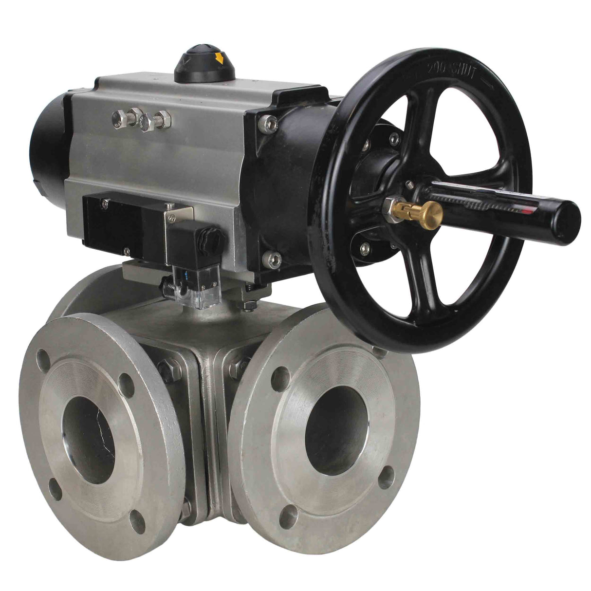 Ball valves Elephant BV3232P(4pc)-FP-3WL-F-ISO-H DN100 16 bar full bore, flanged, body - stainless steel SS316, ISO flange F10/F12, square 19x19, with double pneumatic actuator PA-DA-105-1 action and pneumatic distributor 4M310-08 24V
