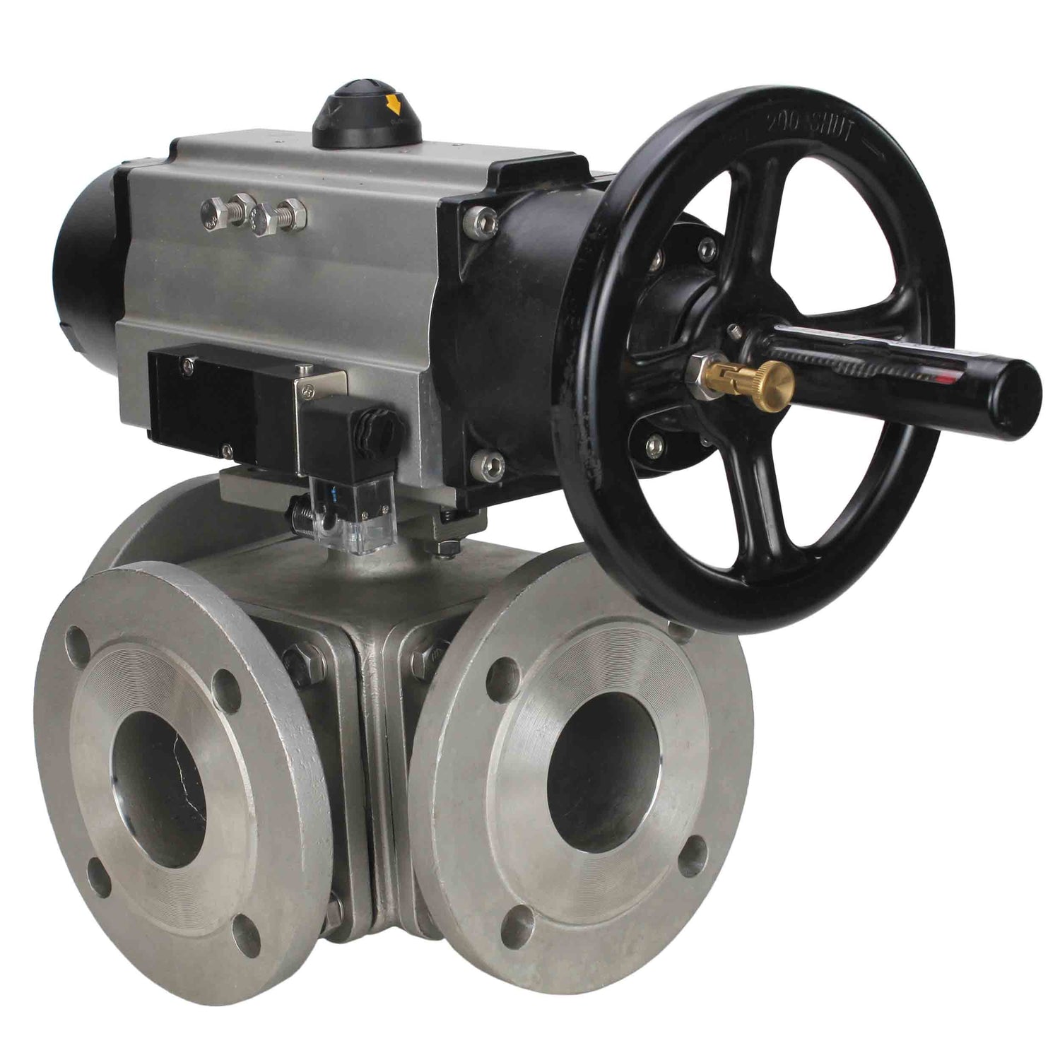 Ball valves Elephant BV3232P(4pc)-FP-3WL-F-ISO-H DN100 16 bar full bore, flanged, body - stainless steel SS316, ISO flange F10/F12, square 19x19, with double pneumatic actuator PA-DA-105-1 action and pneumatic distributor 4M310-08 NAMUR 220V
