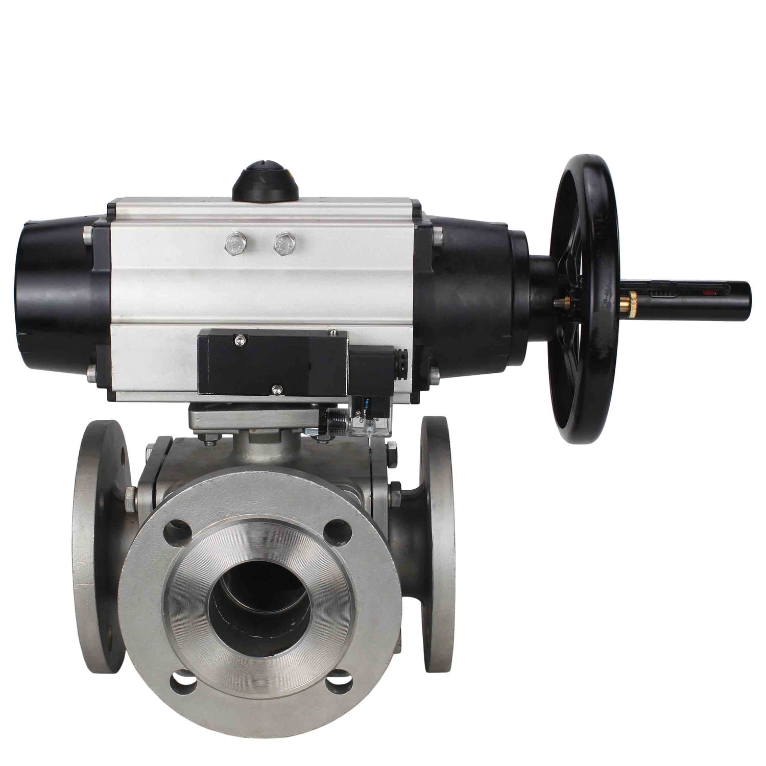 Ball valves Elephant BV3232P(4pc)-FP-3WL-F-ISO-H DN100 16 bar full bore, flanged, body - stainless steel SS316, ISO flange F10/F12, square 19x19, with double pneumatic actuator PA-DA-105-1 action and pneumatic distributor 4M310-08 NAMUR 220V