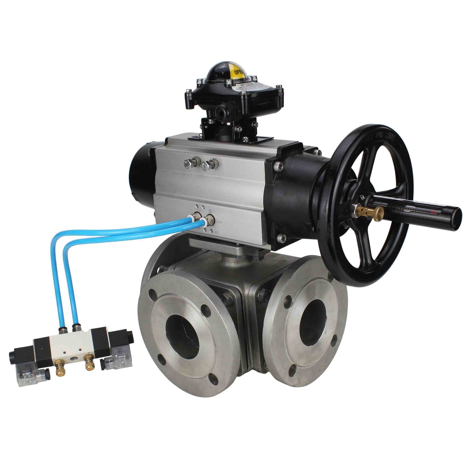Ball valves Elephant BV3232P(4pc)-FP-3WL-F-ISO-H DN100 16 bar full bore, flanged, body - stainless steel SS316, ISO flange F10/F12, square 19x19, with double pneumatic actuator PA-DA-105-1 action, pneumatic distributor 4V320-8 220V and LSU APL-210N