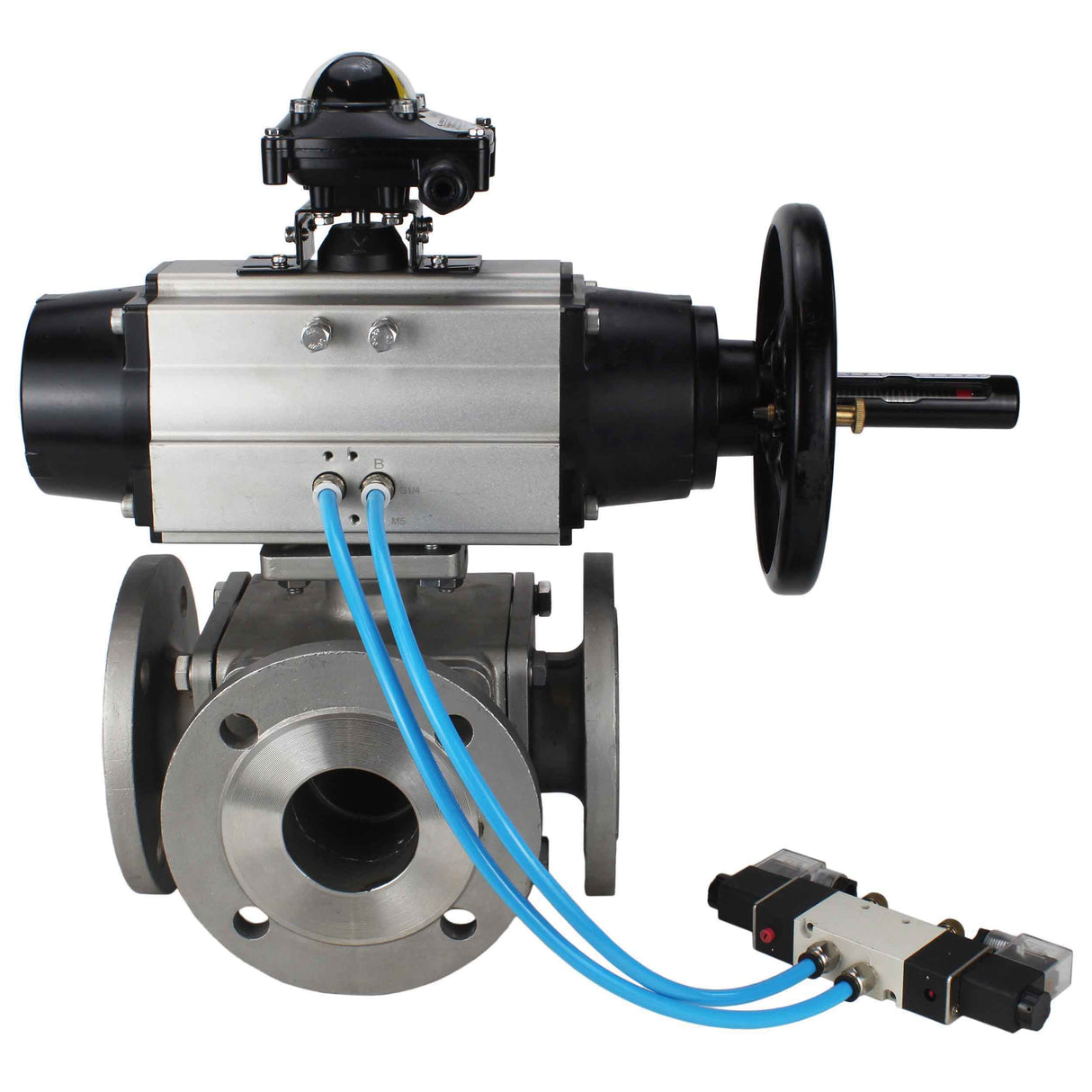 Ball valves Elephant BV3232P(4pc)-FP-3WL-F-ISO-H DN100 16 bar full bore, flanged, body - stainless steel SS316, ISO flange F10/F12, square 19x19, with double pneumatic actuator PA-DA-105-1 action, pneumatic distributor 4V320-10 220V and LSU APL-210N