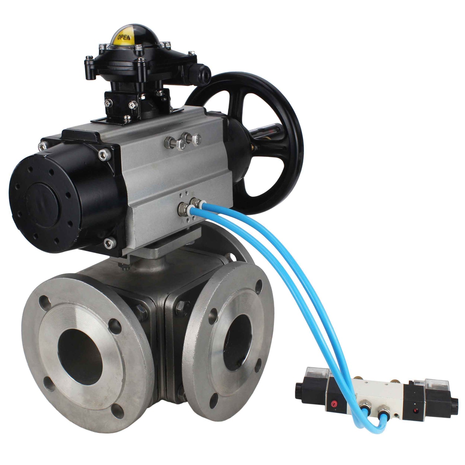 Ball valves Elephant BV3232P(4pc)-FP-3WL-F-ISO-H DN100 16 bar full bore, flanged, body - stainless steel SS316, ISO flange F10/F12, square 19x19, with double pneumatic actuator PA-DA-105-1 action, pneumatic distributor 4V320-10 220V and LSU APL-210N