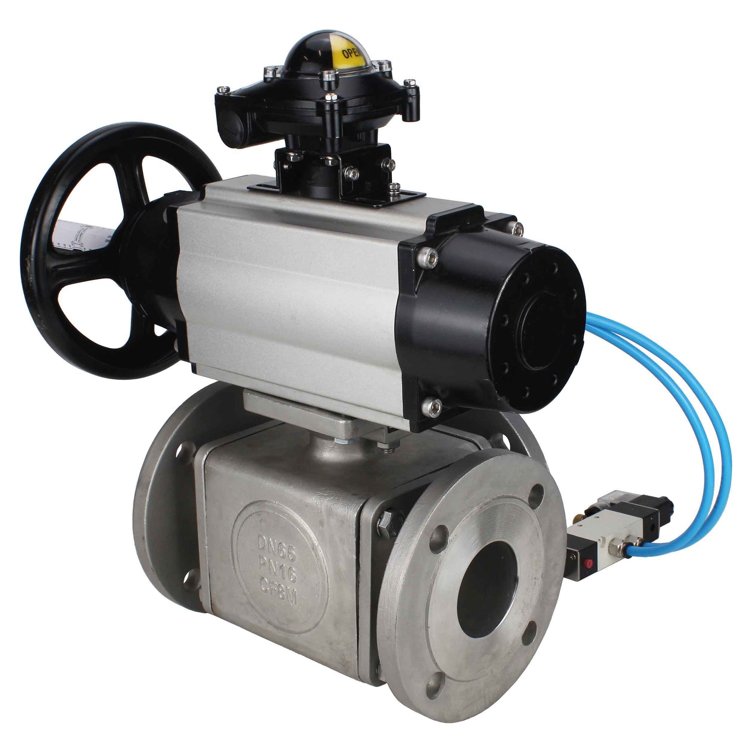 Ball valves Elephant BV3232P(4pc)-FP-3WL-F-ISO-H DN100 16 bar full bore, flanged, body - stainless steel SS316, ISO flange F10/F12, square 19x19, with double pneumatic actuator PA-DA-105-1 action, pneumatic distributor 4V320-8 220V and LSU APL-210N