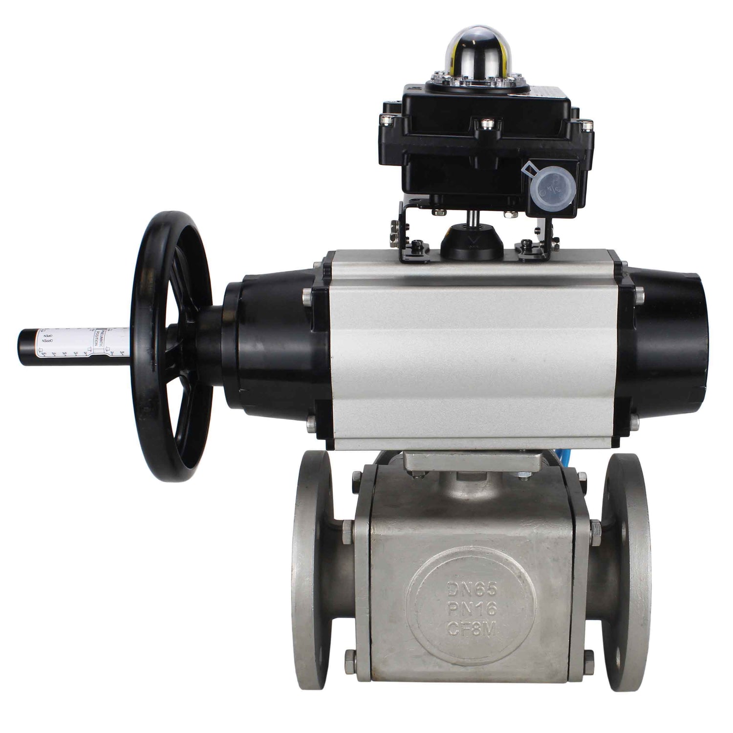 Ball valves Elephant BV3232P(4pc)-FP-3WL-F-ISO-H DN100 16 bar full bore, flanged, body - stainless steel SS316, ISO flange F10/F12, square 19x19, with double pneumatic actuator PA-DA-105-1 action, pneumatic distributor 4V320-8 220V and LSU APL-410N EX