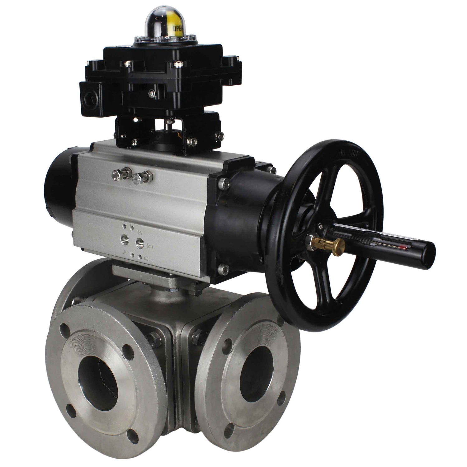 Ball valves Elephant BV3232P(4pc)-FP-3WL-F-ISO-H DN100 16 bar full bore, flanged, body - stainless steel SS316, ISO flange F10/F12, square 19x19, with double pneumatic actuator PA-DA-105-1 actions and LSU APL-410N EX