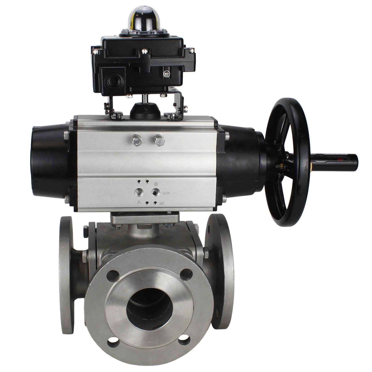 Ball valves Elephant BV3232P(4pc)-FP-3WL-F-ISO-H DN100 16 bar full bore, flanged, body - stainless steel SS316, ISO flange F10/F12, square 19x19, with double pneumatic actuator PA-DA-105-1 actions and LSU APL-410N EX