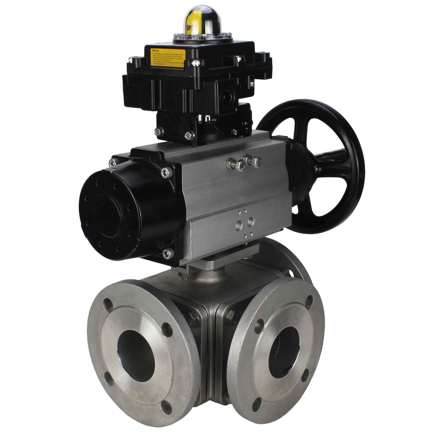 Ball valves Elephant BV3232P(4pc)-FP-3WL-F-ISO-H DN100 16 bar full bore, flanged, body - stainless steel SS316, ISO flange F10/F12, square 19x19, with double pneumatic actuator PA-DA-105-1 actions and LSU APL-410N EX