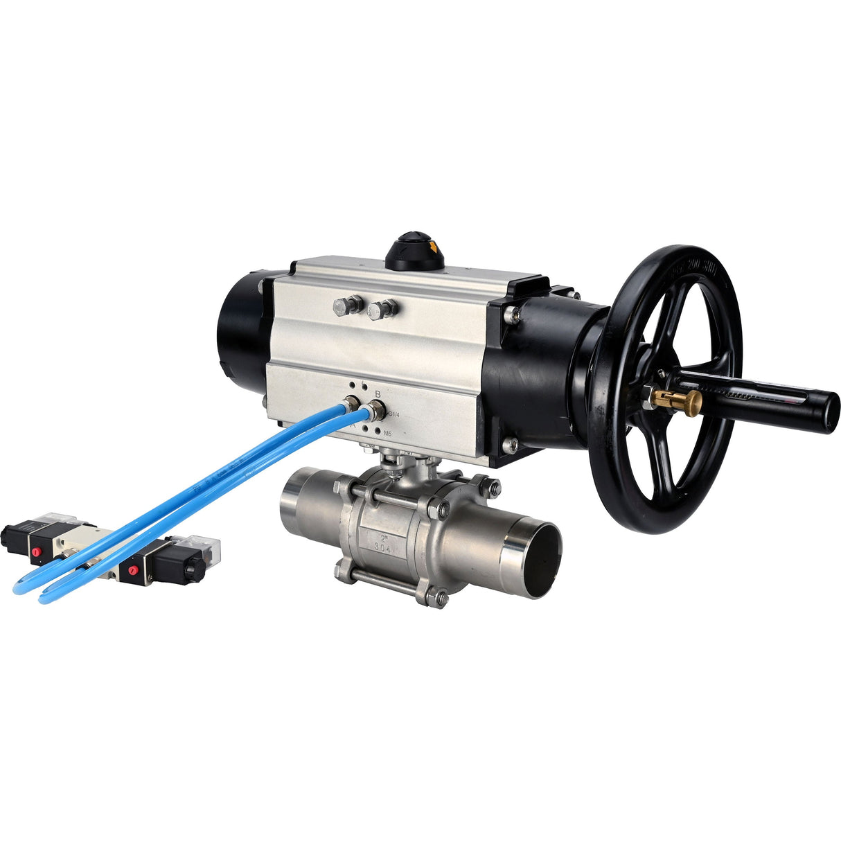 Ball valves Elephant BV3131P(3pc)-FP-W-ISO-H LONG,  body material - Stainless steel AISI 304, seal - PTFE / PTFE / Teflon, with pneumatic actuator double action PA-DA-105-1, 4V320-10 220V