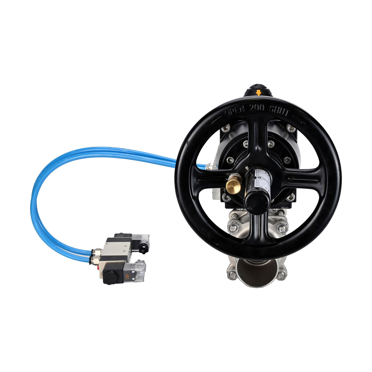 Ball valves Elephant BV3131P(3pc)-FP-W-ISO-H LONG,  body material - Stainless steel AISI 304, seal - PTFE / PTFE / Teflon, with pneumatic actuator double action PA-DA-105-1, 4V320-10 220V