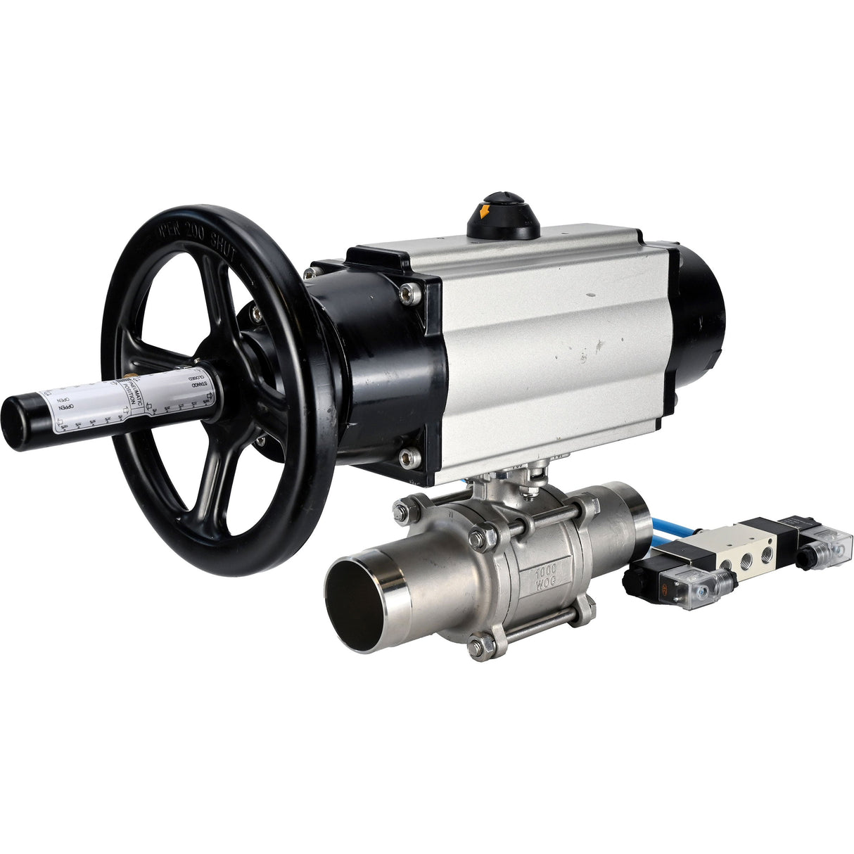 Ball valves Elephant BV3131P(3pc)-FP-W-ISO-H LONG,  body material - Stainless steel AISI 304, seal - PTFE / PTFE / Teflon, with pneumatic actuator double action PA-DA-105-1, 4V320-10 220V