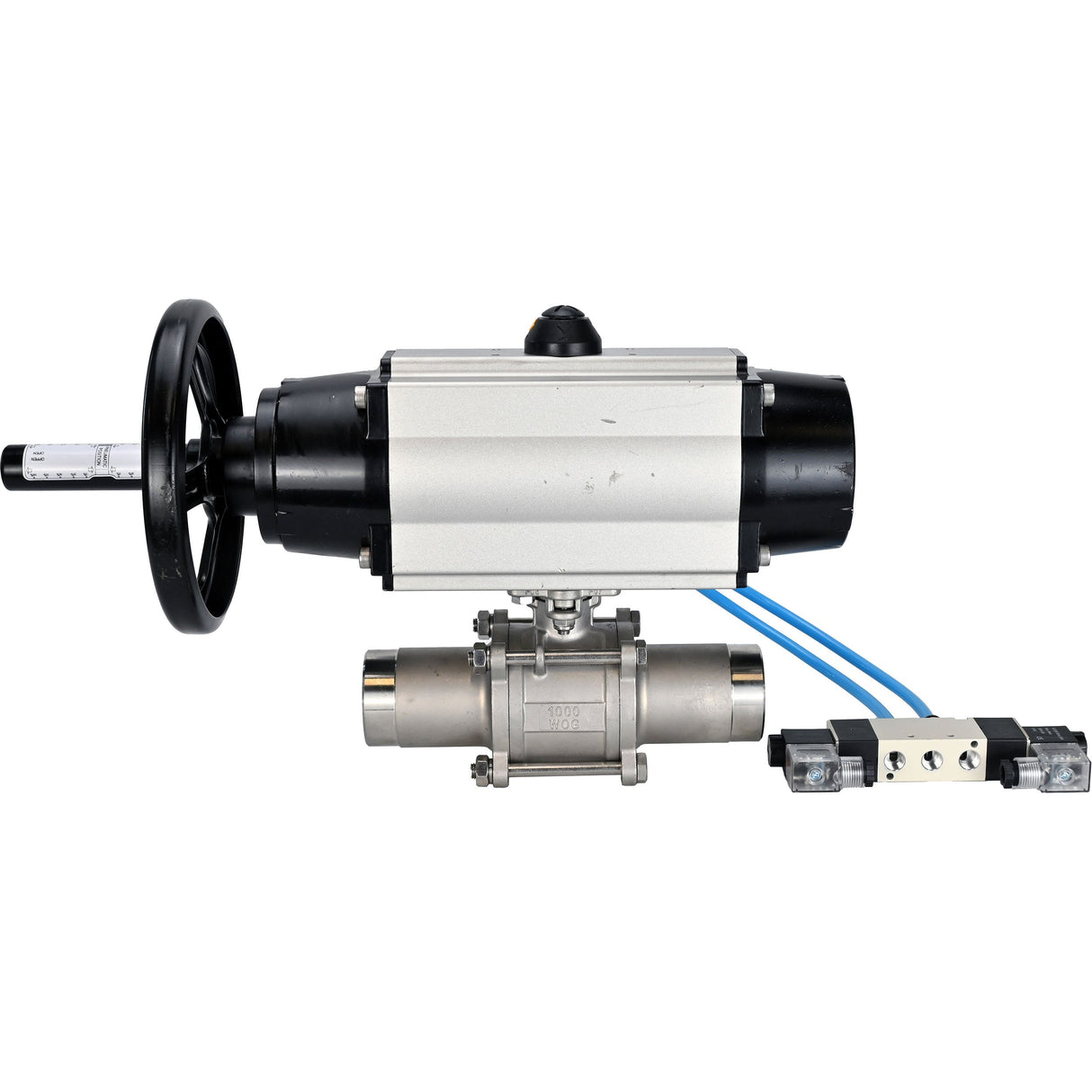 Ball valves Elephant BV3131P(3pc)-FP-W-ISO-H LONG,  body material - Stainless steel AISI 304, seal - PTFE / PTFE / Teflon, with pneumatic actuator double action PA-DA-105-1, 4V320-10 220V