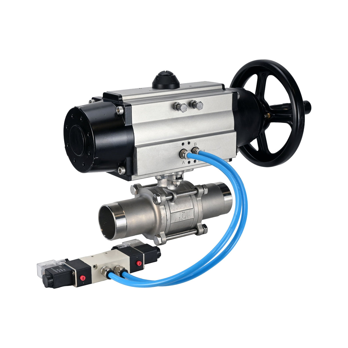Ball valves Elephant BV3131P(3pc)-FP-W-ISO-H LONG,  body material - Stainless steel AISI 304, seal - PTFE / PTFE / Teflon, with pneumatic actuator double action PA-DA-105-1, 4V320-10 220V