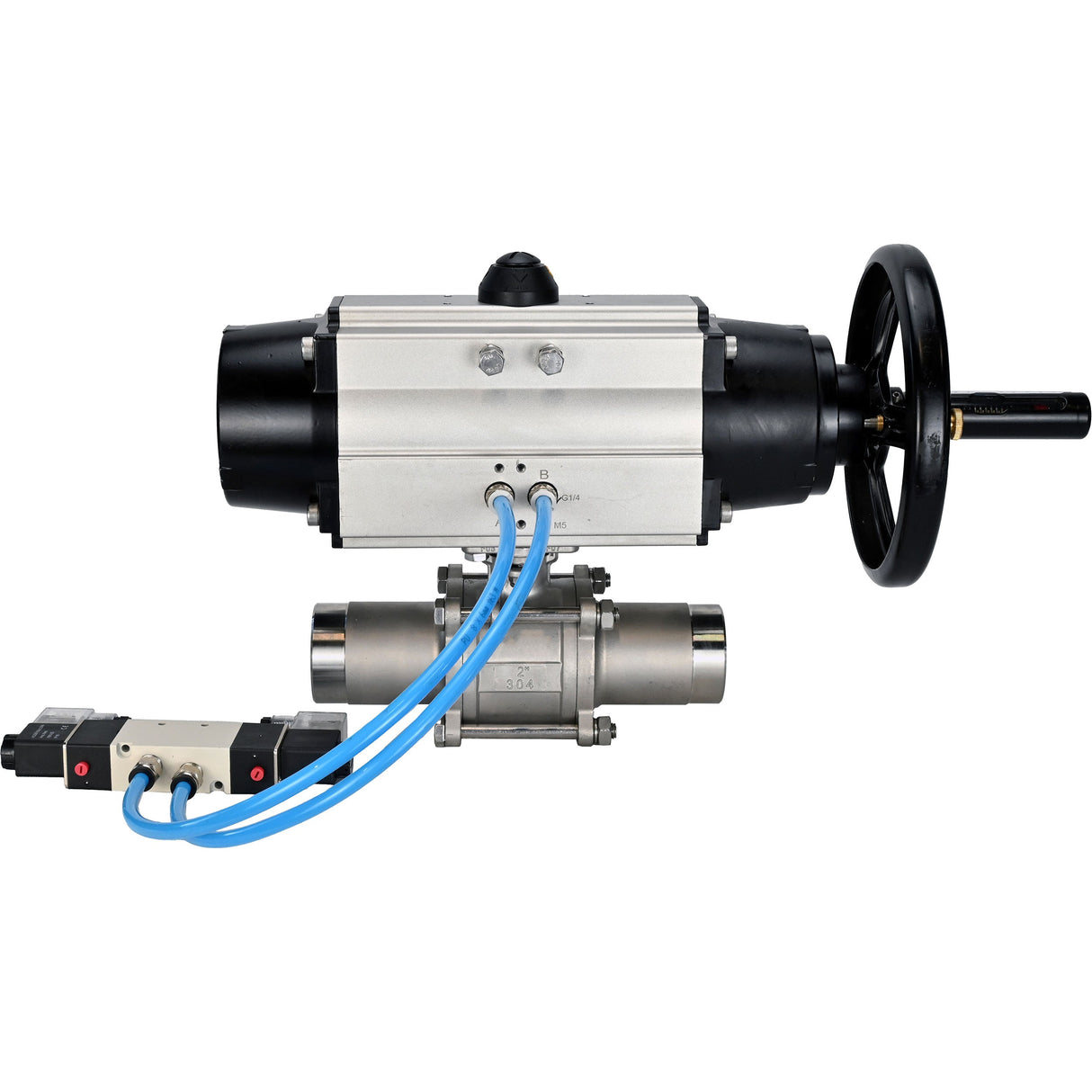 Ball valves Elephant BV3131P(3pc)-FP-W-ISO-H LONG,  body material - Stainless steel AISI 304, seal - PTFE / PTFE / Teflon, with pneumatic actuator double action PA-DA-105-1, 4V320-10 220V