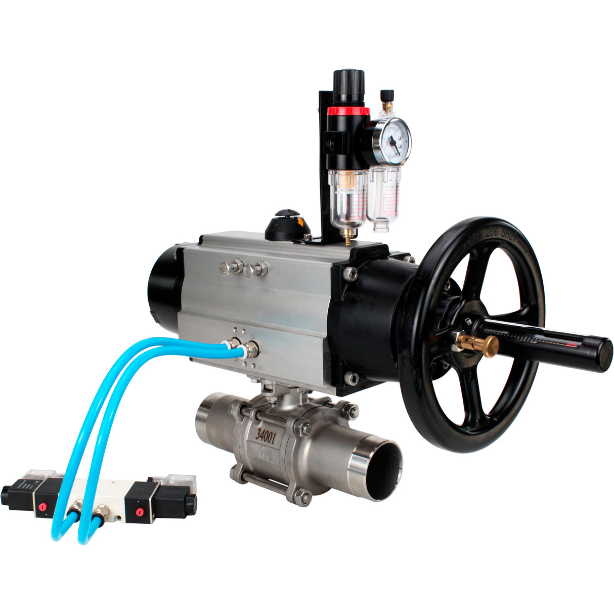 Ball valves Elephant BV3131P(3pc)-FP-W-ISO-H LONG,  body material - Stainless steel AISI 304, seal - PTFE / PTFE / Teflon, with pneumatic actuator double action PA-DA-105-1, 4V320-10 220VATU AFC2000