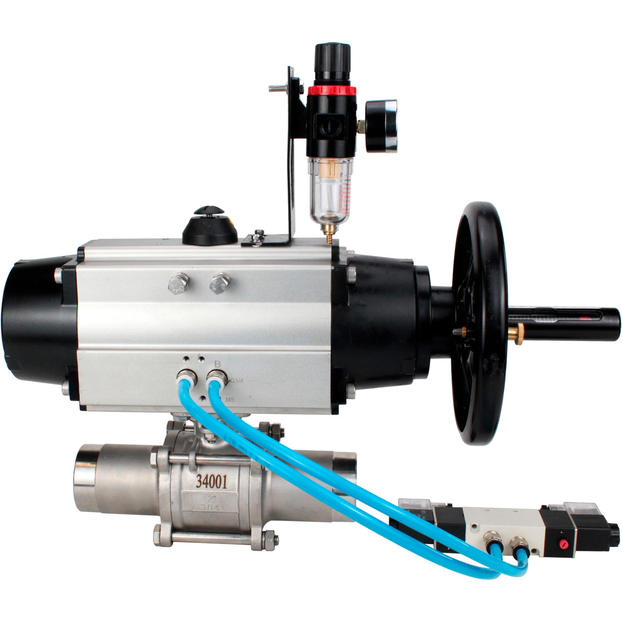 Ball valves Elephant BV3131P(3pc)-FP-W-ISO-H LONG,  body material - Stainless steel AISI 304, seal - PTFE / PTFE / Teflon, with pneumatic actuator double action PA-DA-105-1, 4V320-10 220VATU AFC2000